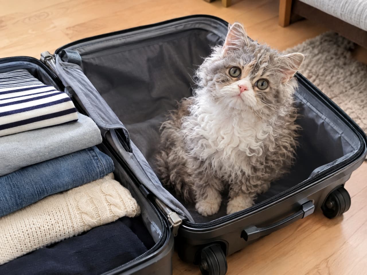 「お留守番は嫌にゃ!私も一緒に連れてって🧳 荷造り中に現れたこの表情を見たら、もう旅行には行けません😭」An ultra-realistic high-quality photograph of an adorable Selkirk Rex kitten with unique curly, sheep-like fur, sitting in the empty half of an open suitcase next to neatly folded clothes, looking up with big, slightly sad eyes in a room. フローリングの部屋で、きれいに畳まれた衣服が片側に詰まった開いたスーツケースの空きスペースに、すっぽりと座り込むセルカークレックスの子猫。特徴的な羊のような巻き毛と、少し寂しげな大きな丸い瞳でこちらを見上げています