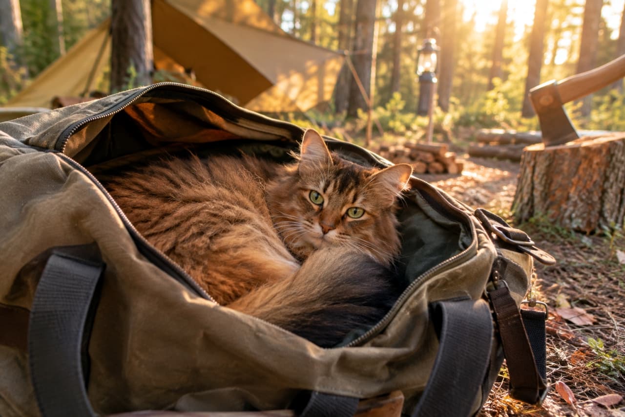 「荷造りはおしまいにゃ🐾 自然の中でもやっぱり狭いところが一番!出発を全力で阻止する森の番人です🌲✨」An ultra-realistic high-quality photograph of a bushy Somali cat curled up comfortably inside a khaki canvas duffel bag at a forest campsite. The scene is illuminated by the golden hour sunlight, with a tent, lantern, and an axe in a stump in the blurred background. 夕暮れの柔らかな光が差し込む森のキャンプ場で、カーキ色のキャンバス地バッグの中にすっぽりと丸まってくつろぐ、フサフサなソマリの猫。背景にはテントやランタン、切り株に刺さった斧が配置され、緑色の瞳でこちらを見つめる猫のワイルドかつ愛らしい姿が美しく捉えられています