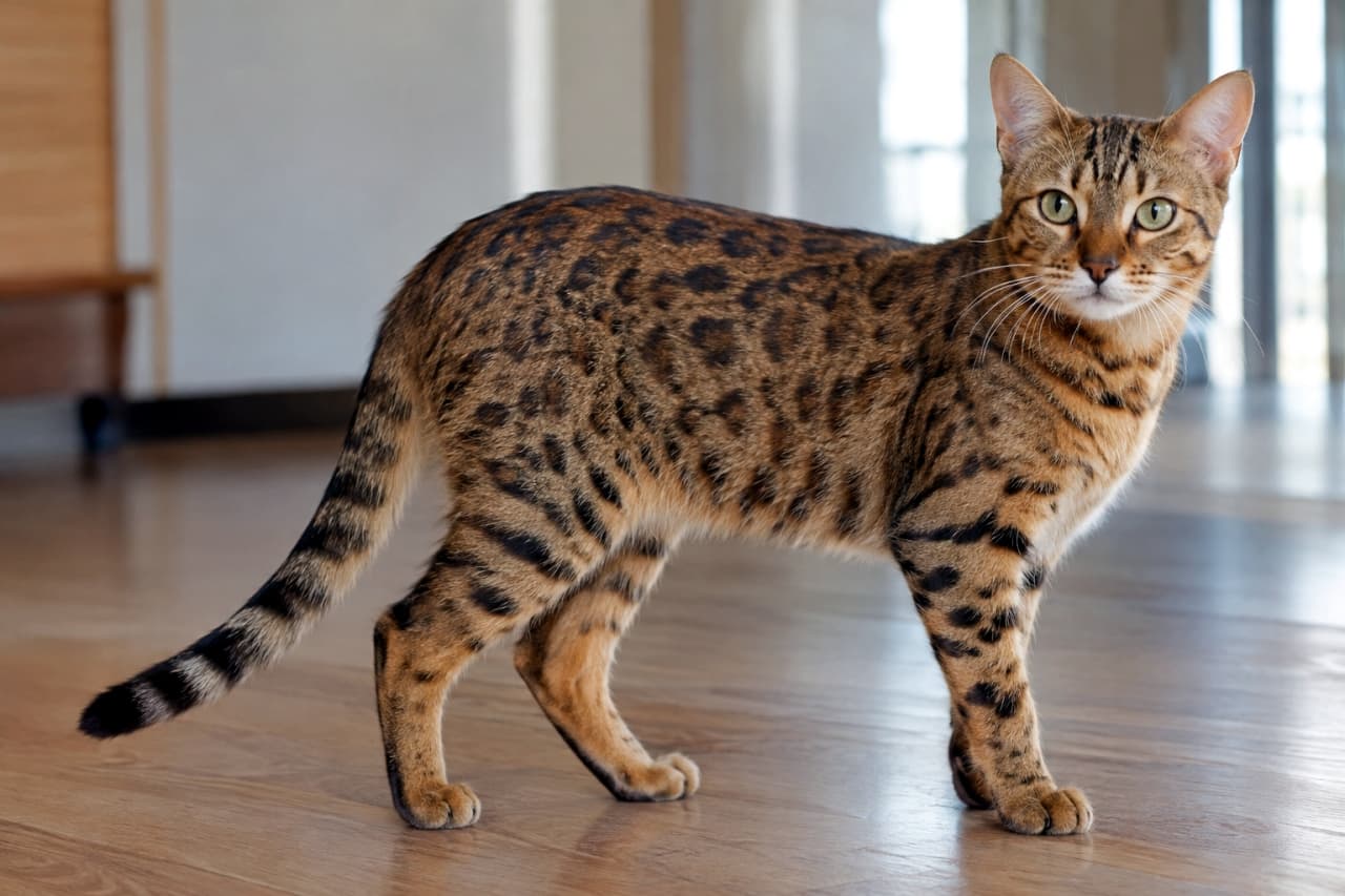 「野生味と気品が同居する美しいヒョウ柄🐆✨光を浴びて輝くカシミヤさんの立ち姿に目を奪われます！」Ultra-realistic high-quality photograph of a cashmere (long-haired Bengal) adult cat with a brown spotted tabby coat standing on a hardwood floor bathed in sunlight, featuring its wild leopard-like spots and striking emerald green eyes. 日差しが差し込むフローリングに立つ、ブラウンスポッテドタビーのカシミヤ成猫。短毛寄りになったものの、野性味あふれる美しいヒョウ柄、凛とした立ち姿、エメラルドグリーンの鋭い瞳が、自然光の中でリアルかつ高精細に捉えられた高画質写真