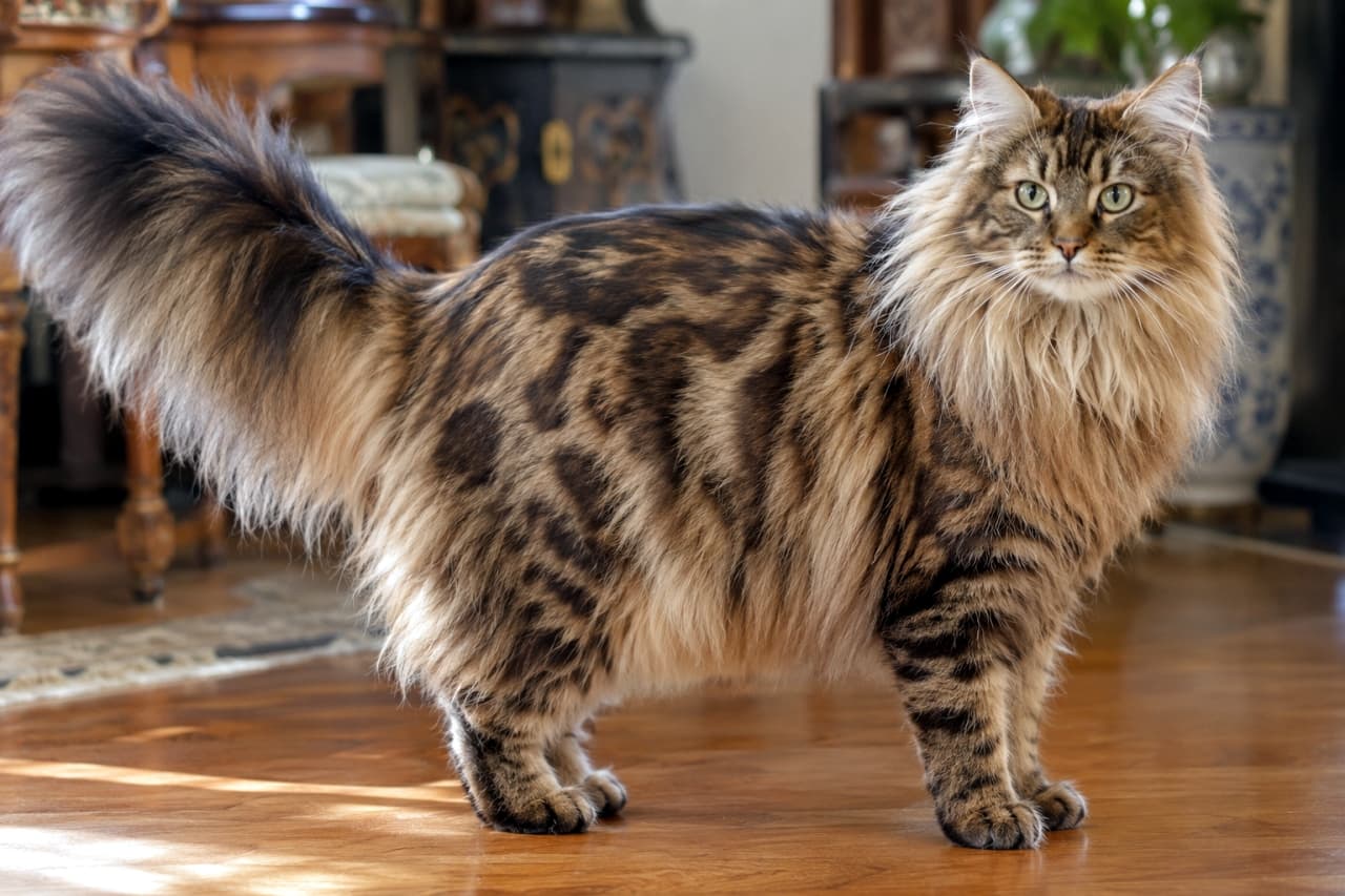 「希少なカシミヤキャットのゴージャスな毛並みと野性的なヒョウ柄のギャップが最高🐆✨この気品あふれる立ち姿から目が離せません！💖 #猫 #カシミヤ #ふわふわ部 #美猫 #猫のいる暮らし」Ultra-realistic high-quality photograph of an adult Cashmere cat with a brown spotted tabby coat standing gracefully on a hardwood floor. The image highlights its dense, silky long fur, prominent neck ruff, and extremely bushy tail, illuminated by soft natural light against a blurred background of elegant antique furnishings. アンティーク調の家具が並ぶ室内で、温かみのある無垢材の床に凛と立つカシミヤキャットの高画質写真。豊かな首周りの飾り毛やふさふさの長い尻尾、くっきりと浮かぶブラウン・スポッテッド・タビーの複雑なロゼット模様が自然光に照らされて艶やかに輝き、知的な薄緑色の瞳が美しく捉えられています