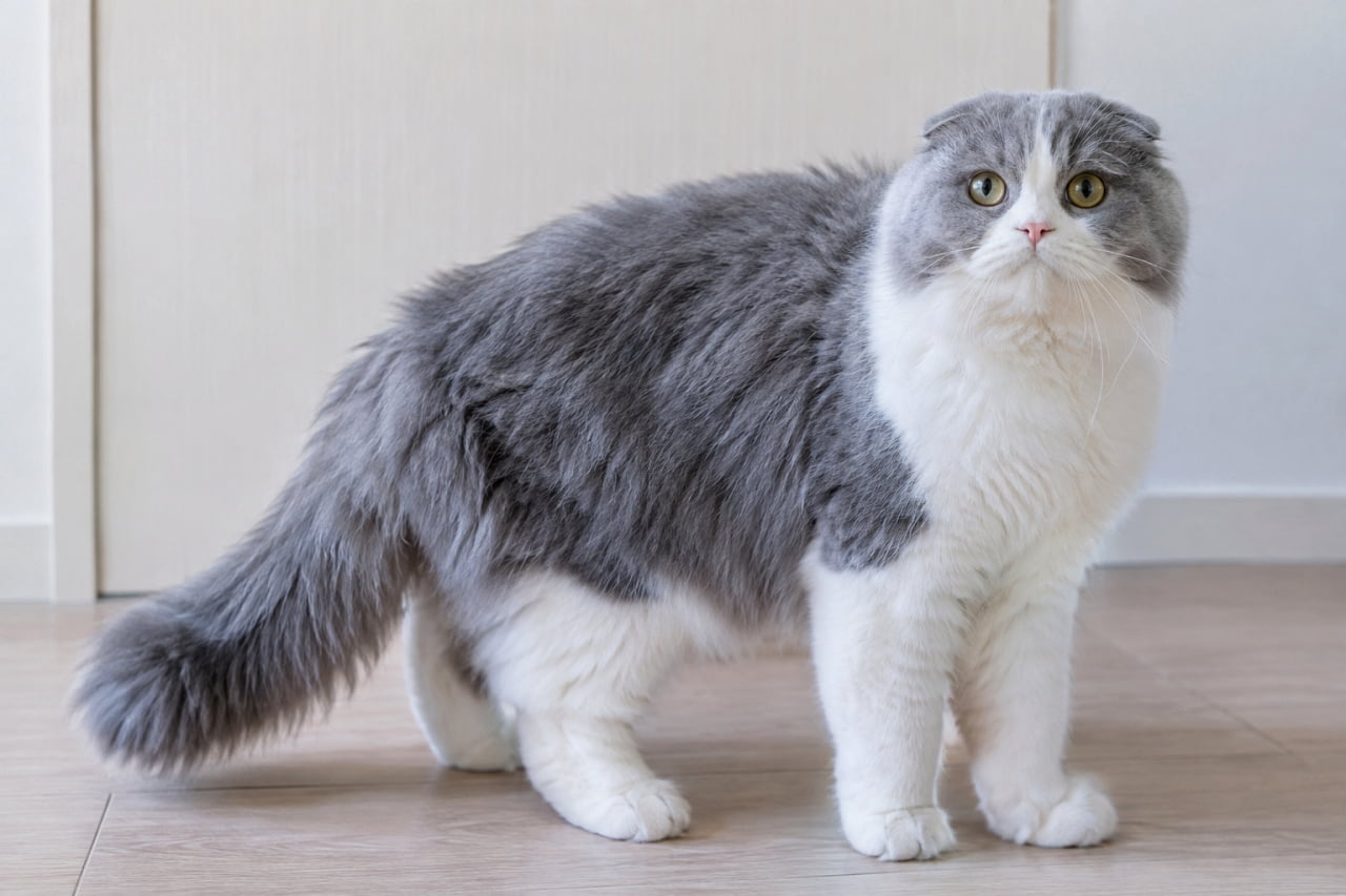 「ゴージャスな毛並みと凛とした表情に釘付け✨もふもふ感たっぷりのハイランドフォールドさん🐈💖」Ultra-realistic high-quality photograph of a majestic blue and white Highland Fold adult cat standing on a light wooden floor, showcasing its rich fluffy coat, folded ears, and calm yellow-toned eyes under soft natural lighting. 明るい室内のフローリングに佇む、ブルー＆ホワイトの豊かな被毛を持つハイランドフォールドの成猫。ピンと張った白いヒゲ、特徴的な折れ耳、落ち着きのある黄みを帯びた瞳が、柔らかな自然光の中で極めて精細に捉えられた高画質写真