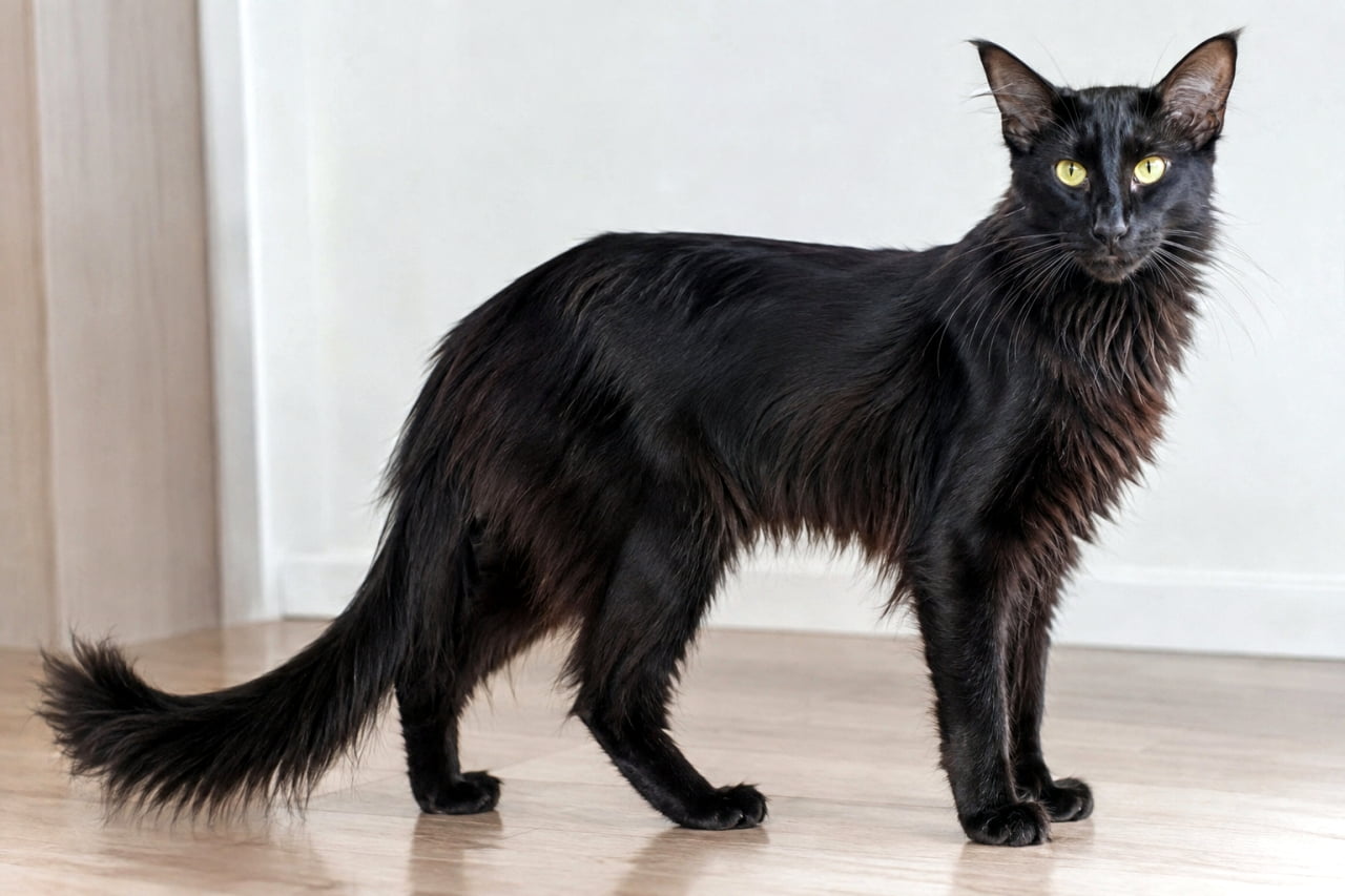 「優雅になびく漆黒のロングヘアに惹き込まれる🖤気品あふれるオリエンタルロングヘアさん🐈✨」Ultra-realistic high-quality photograph of a majestic Oriental Longhair adult cat in ebony solid black standing elegantly on a wooden floor, highlighting its flowing long black coat, sharp facial features, and piercing yellow-green eyes. 落ち着いた室内のフローリングに立つ、エボニー（ソリッドブラック）のオリエンタルロングヘア成猫。風になびくような豊かな黒い長毛、シャープな顔立ちと大きな耳、見透かすようなイエローグリーンの瞳が、自然光の影と共に精密に捉えられた高画質写真