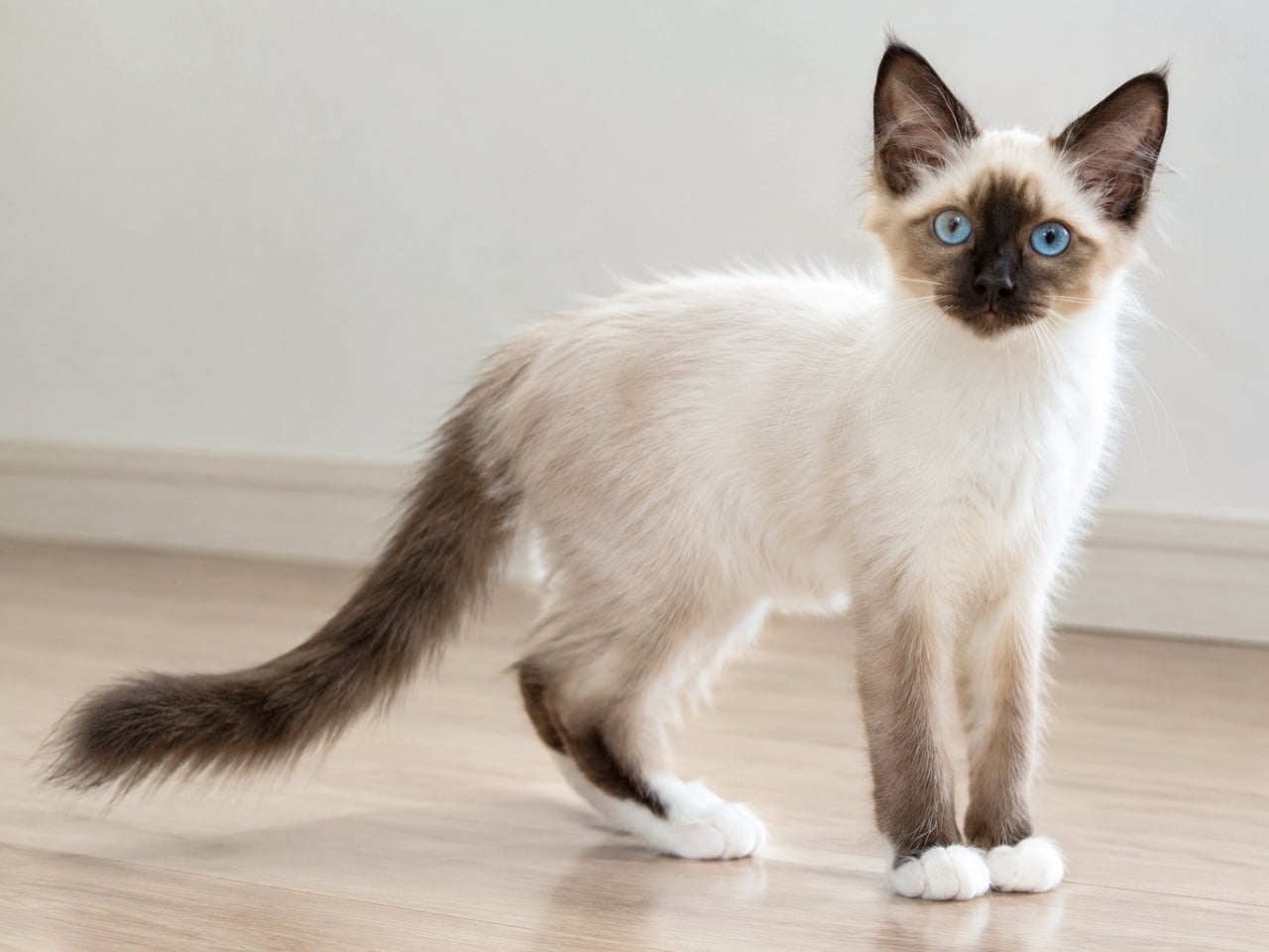 「宝石のようなブルーの瞳に釘付け💎✨白い靴下を履いたような手足がキュートなセイシェル子猫ちゃん🐾💙」Ultra-realistic high-quality photograph of a Seychellois kitten with seal point and white coloration standing on a light floor, featuring its striking sapphire blue eyes, fluffy light coat, and dark brown point markings on its face and tail. 白い壁と明るい床を背景に立つ、シールポイント＆ホワイトのセイシェルの子猫。顔や耳、尻尾に入る濃いブラウンのポイントカラーと白い足先、ふんわりとした明るい被毛、そして宝石のようなサファイアブルーの瞳が、驚くほどリアルに描写された高画質写真