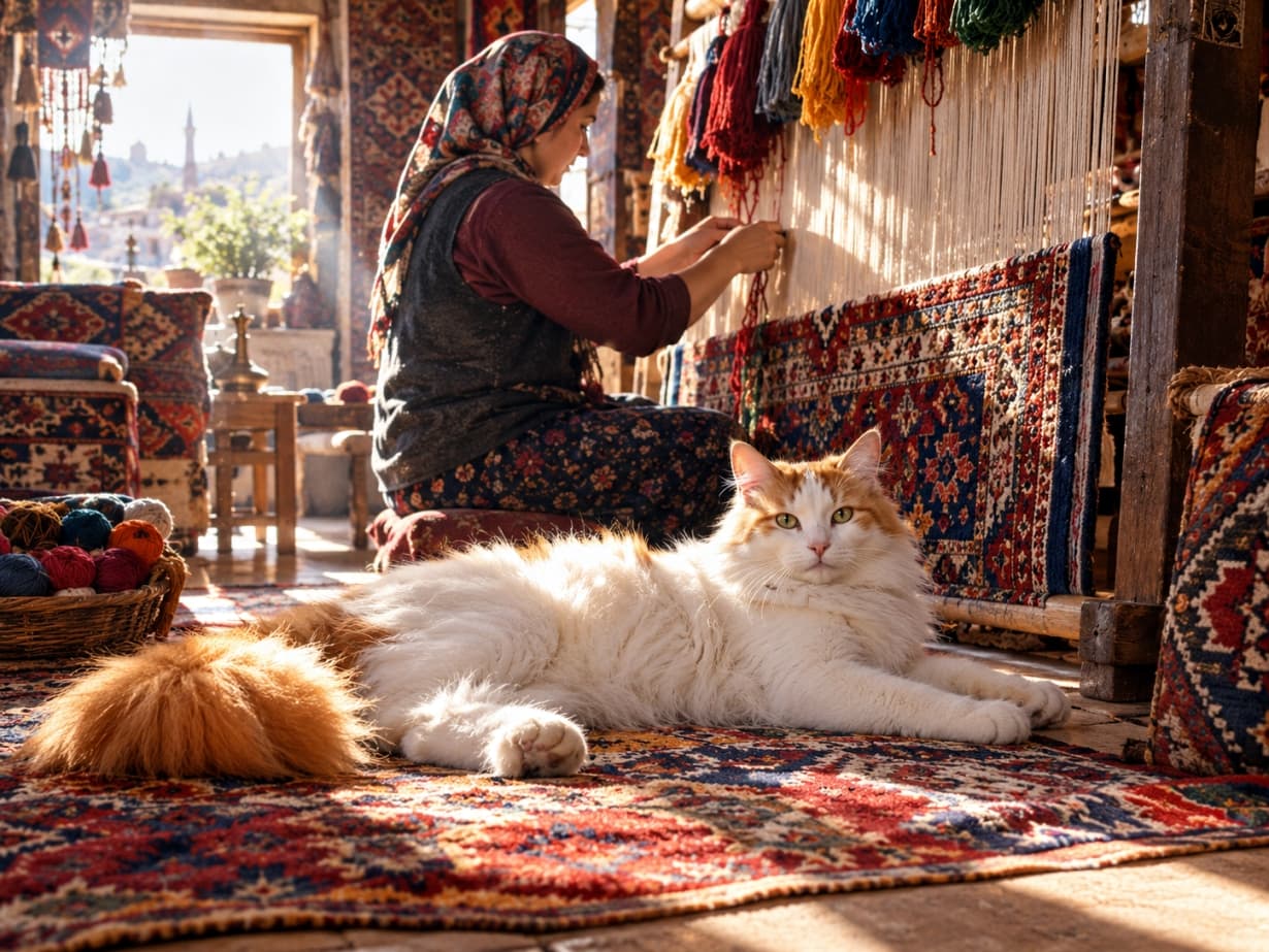 「ふかふかの絨毯とポカポカの陽だまりは僕の特等席ニャ☀️🧶伝統の織物とターキッシュバンの優雅なくつろぎタイム🐾」Ultra-realistic high-quality photograph of a beautiful Turkish Van cat with white fur, auburn markings, and a fluffy tail relaxing on an intricately patterned Persian rug in a sun-drenched traditional carpet workshop. In the background, a craftswoman weaves at a loom, with the warm sunlight highlighting the textures of the textiles and the cat's fur. トルコの伝統的な織物工房で、窓からの強烈な斜光が緻密な柄のペルシャ絨毯を照らし出している。奥で女性が機織りをする中、手前の絨毯の上で、白地に赤茶色の模様とふさふさの尻尾を持つターキッシュバンがリラックスして伏せをしており、アンバーの瞳で真っ直ぐにカメラを見つめている