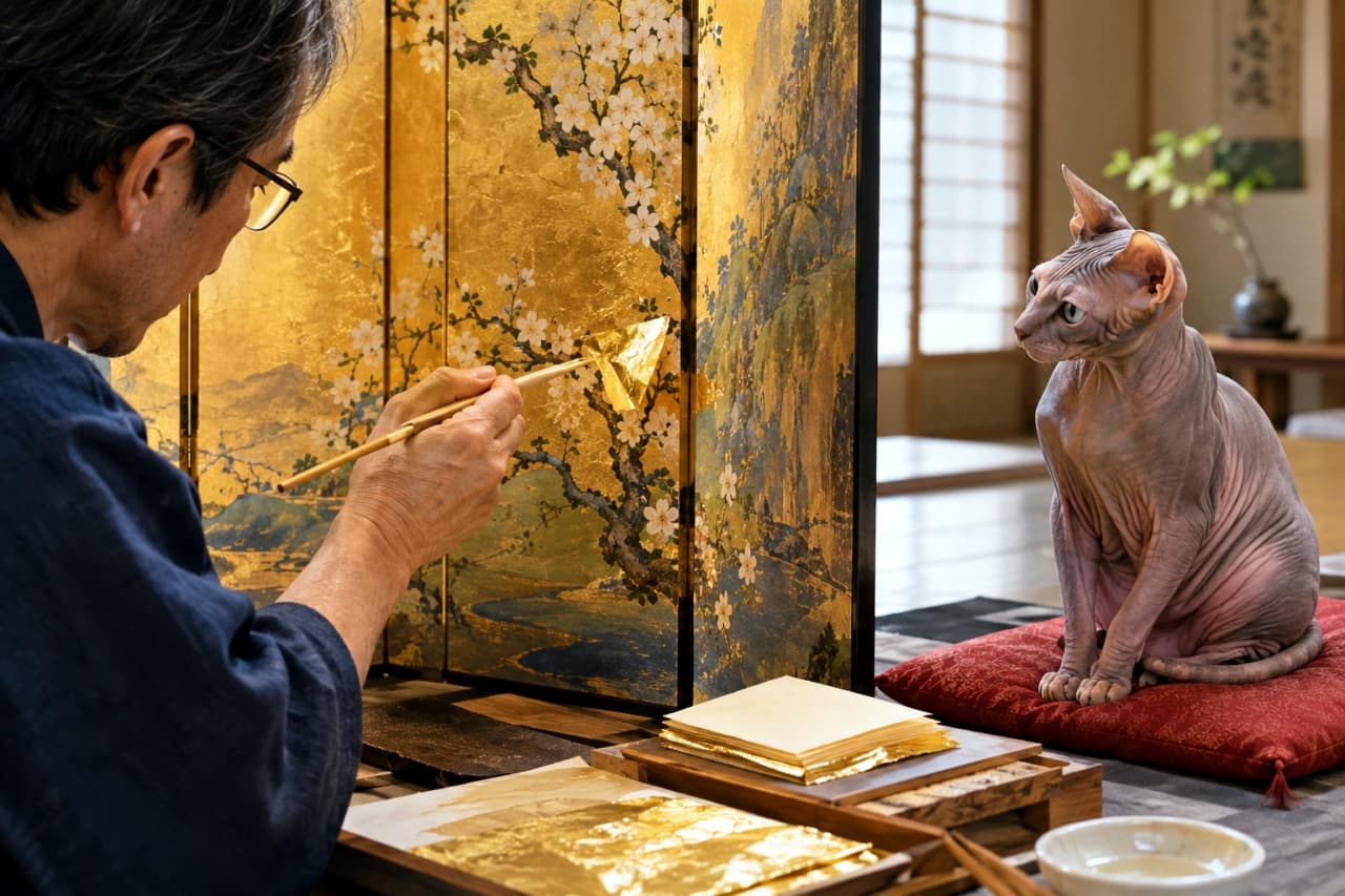 「金箔の輝きも、僕の美しさには負けるニャ！🐾赤い座布団で職人さんを見守る、クールなスフィンクス✨」Ultra-realistic high-quality photograph of a craftsman carefully applying gold leaf to a screen in a traditional Japanese room with tatami mats. A Sphynx cat, with hairless pinkish-grey skin, sits on a red cushion, watching the process intently. The shimmer of the gold leaf, the cherry blossom pattern on the screen, the details of the Japanese room, and the tools are clearly rendered. 和室で男性職人が屏風（または障子）に金箔を貼っている。赤い座布団の上に、無毛でピンクがかったグレーの被毛を持つスフィンクスが座り、作業を真剣に見つめる、最高画質のリアルな写真。金箔の輝き、屏風の桜の絵柄、和室のディテール、道具類の詳細が鮮明に描写されている
