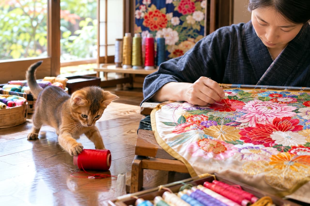「職人さんの手仕事より、こっちの赤い糸が気になるニャ！🐾日本刺繍と猫の好奇心のコラボレーション✨」Ultra-realistic high-quality photograph of a vibrant Abyssinian kitten playing with a red thread spool on a polished wooden floor in a traditional Japanese workshop. A craftswoman carefully performs intricate Japanese embroidery on a large frame nearby. The kitten's dynamic pose, the delicate texture of the embroidery, and the detailed background of a Japanese room and garden create a richly detailed scene. 明るい光が差し込む和室の工房で、女性職人が美しい日本刺繍を施す傍ら、手前の床で元気なアビシニアン子猫が赤い糸玉と遊ぶ、最高画質のリアルな写真。子猫の躍動感のあるポーズ、刺繍の繊細な質感、背景の障子や庭のディテールが情景豊かに描写されている