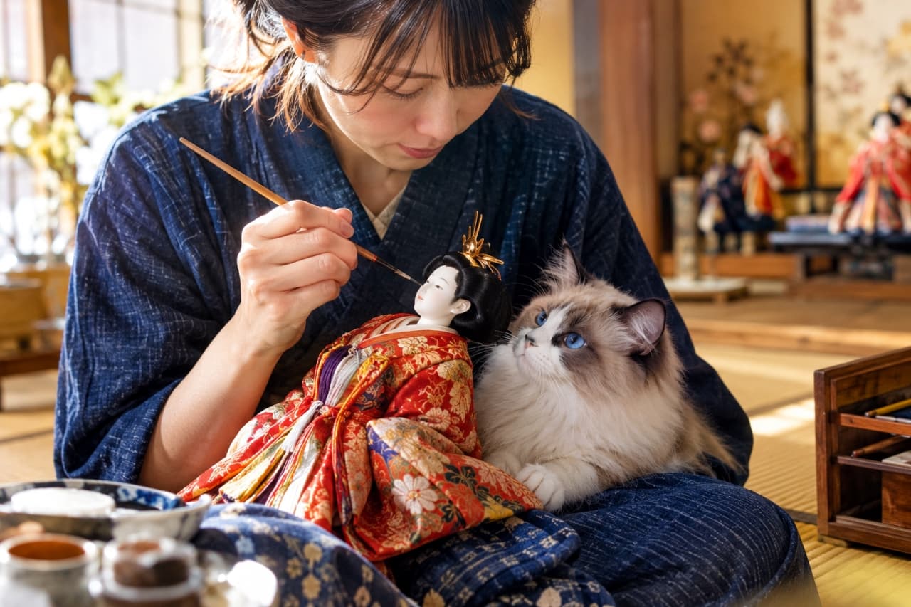 「職人さんの集中力を、膝の上でサポート中ニャ！🐾青い目のラグドールと日本の美しい伝統に釘付け✨」Ultra-realistic high-quality photograph of a craftsman carefully painting the face of a Hina doll in a traditional Japanese workshop with tatami mats. A beautiful Ragdoll-style cat with sapphire blue eyes sits calmly on her lap, gazing at the doll. The textures of the kimono, the details of the doll display in the background, and the tools are clearly rendered. 畳の部屋で女性職人が雛人形の顔を丁寧に絵付けしている。職人の膝の上に座り、サファイアブルーの瞳を持つラグドール風の長毛猫が落ち着いた表情で作られた人形を見つめる、最高画質のリアルな写真。和服の質感、雛壇の奥の様子、道具類の詳細が鮮明に描写されている