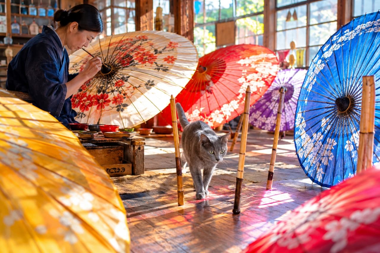 「日本の美しい色に囲まれて、猫もアートの一部ニャ！🐾和傘の工房を歩く、クールな猫ちゃん✨」Ultra-realistic high-quality photograph of a Russian Blue kitten walking with a muscular pose through a traditional Japanese workshop filled with colorful (red, blue, purple) Wagasa umbrellas. In the background, a craftswoman meticulously works on a umbrella frame. The nuances of light, the vibrant colors of the umbrellas, and the details of the workshop create a richly detailed scene. 色鮮やかな和傘（赤、青、紫）が並ぶ木造の工房で、女性職人が傘の骨を組み立てる（または絵付け）。手前の床を、ブルー（グレー）の被毛を持つロシアンブルーの子猫が、筋肉質なポーズで歩く、最高画質のリアルな写真。光のニュアンス、和傘の色彩、工房のディテールが情景豊かに描写されている