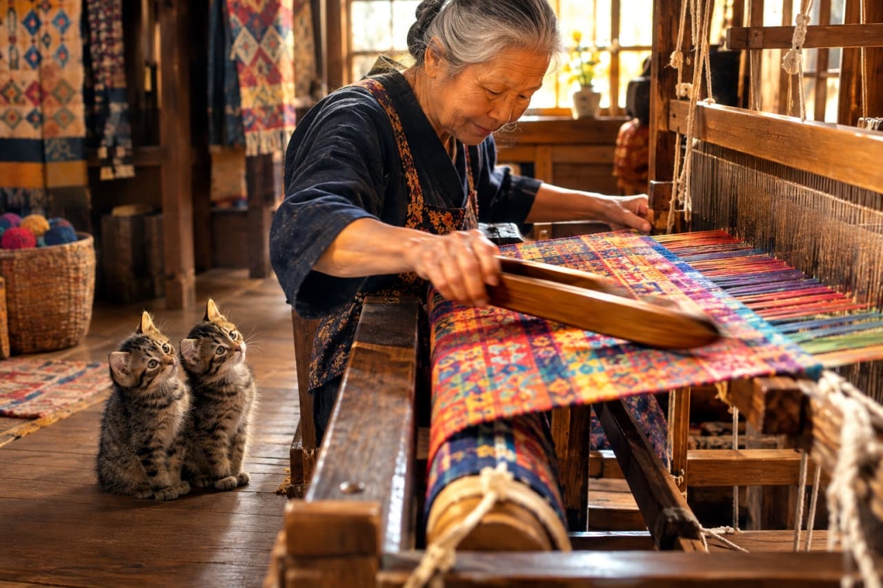 「機織りの音に合わせて、猫もリズムを取るニャ！🐾2匹揃って伝統の手仕事を見守るキジトラちゃんたち✨」Ultra-realistic high-quality photograph of an elderly craftswoman weaving on a traditional tall loom in a wooden textile workshop. In the foreground, two adorable tabby kittens sit side-by-side on the floor, watching the process curiously. Their cute poses, the details of the loom, and the warm atmosphere of the workshop create a richly detailed and heartwarming scene. 造の織物工房で、高齢の女性職人が高機（たかばた）で機織りをしている。手前の床に、キジトラの子猫2匹が並んでお座りをして、作業を興味津々に見つめる、最高画質のリアルな写真。子猫の可愛らしいポーズ、高機のディテール、工房の温かい雰囲気が情景豊かに描写されている