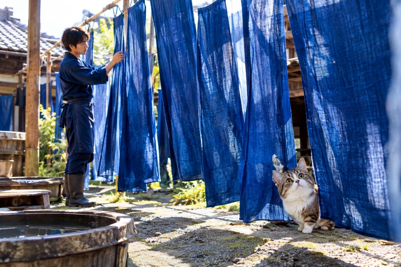 「風に揺れる藍染めのカーテンから「こんにちは！」🌿💙日本の夏と猫の涼やかなコラボレーション✨」Ultra-realistic high-quality photograph of a tabby and white adult Munchkin cat peeking out curiously from between vibrant indigo-dyed fabrics hanging to dry. In the background, a young artisan tends to the textiles in a sun-dappled outdoor workshop. 風に揺れる色鮮やかな藍染めの布の隙間から、大きな丸い瞳でこちらを見つめるキジ白の大人のマンチカン。くっきりと入ったハチワレ模様とピンクの鼻が印象的。奥には干し作業をする若い職人と染め桶が配置され、日本の夏の爽やかな情景を切り取っている