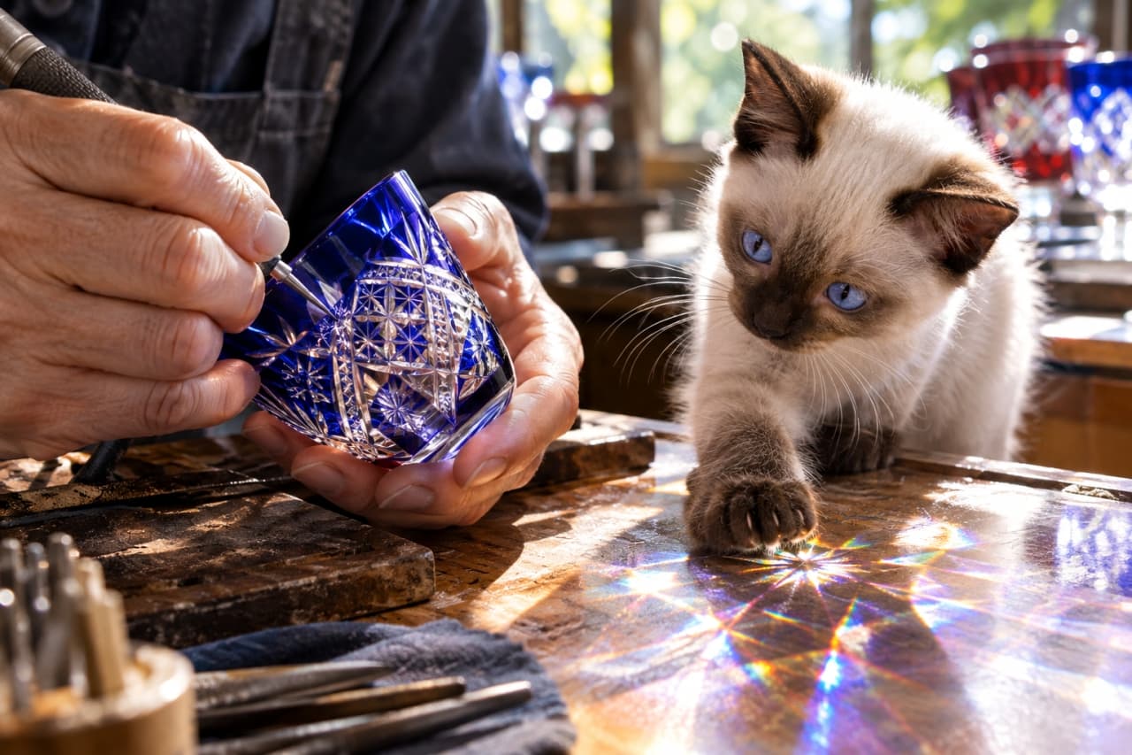 「キラキラ光る七色の魔法を捕まえたいニャ🐾✨切子細工の美しさと子猫の好奇心の夢のコラボ💎」Ultra-realistic high-quality photograph of a cute Siamese kitten with bright blue eyes reaching out its paw to catch colorful prism lights reflecting from a beautiful blue Kiriko cut glass being carefully crafted by an artisan. 美しい青色の江戸切子グラスを丁寧に削る職人の手元。グラスを透過して作業台に落ちたプリズムの七色の光に魅了され、サファイアブルーの瞳を持つシャムの子猫が、小さな前足を伸ばして光を捕まえようとしている幻想的な光景