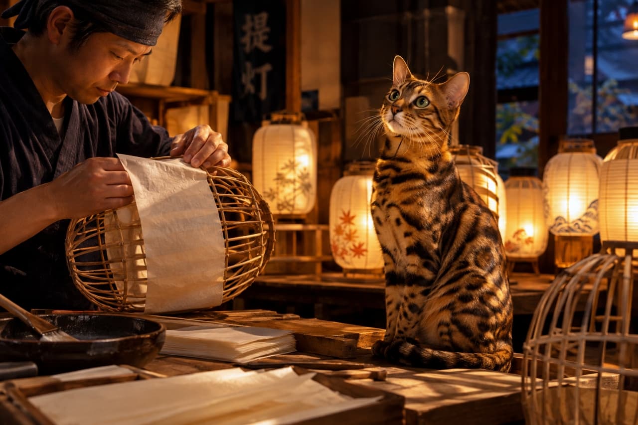 「提灯の優しい光に照らされて、僕の模様も輝いてるニャ🐆✨日本の伝統の灯りと野性味あふれるベンガルのおすまし顔🏮」Ultra-realistic high-quality photograph of a craftsman making a traditional paper lantern in a dimly lit workshop. A beautiful Bengal cat with striking leopard-like rosettes sits elegantly, looking up as its face and body are illuminated by the warm, orange glow of the surrounding lanterns. 薄暗い工房の中で、提灯職人が竹ひごに和紙を丁寧に張っている。完成した提灯から漏れるオレンジ色の柔らかな光に照らされ、見事なロゼット（ヒョウ柄）を持つベンガル猫がお座りをして、凛とした表情で上を見つめている。野性的な被毛と和の照明が織りなす、幻想的で美しい情景