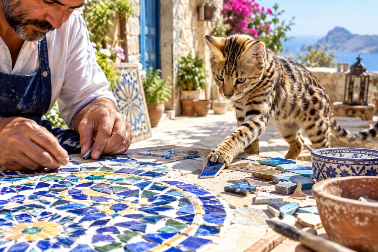 「この青いピースは僕がここに置くニャ🐾🌊地中海の絶景とサバンナキャットのワイルドな魅力が爆発💠✨」Ultra-realistic high-quality photograph of an artisan creating a vibrant blue mosaic table on a sunlit terrace overlooking the Mediterranean Sea. A striking Savannah cat with long legs and bold spots steps onto the table, reaching out its paw to touch a blue tile, with the stunning coastal scenery in the background. 紺碧の地中海を望む明るいテラスの工房で、職人が青を基調とした美しいモザイクタイルを並べている。テーブルの上を歩く、細身で長い脚と鮮明なスポット模様を持つサバンナキャットが、エメラルドグリーンの鋭い瞳を輝かせながら、職人が配置しようとしている青いタイルに前足をかけている躍動感のある写真