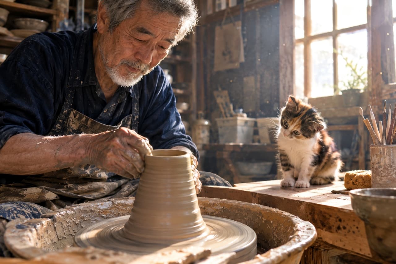 「職人さんの魔法の手元から目が離せない三毛猫ちゃん🏺✨一緒に素敵な器を作ろうね🐾」Ultra-realistic high-quality photograph of a calico kitten intensely watching an elderly potter working on a wheel in a sunlit, dusty ceramics studio. The warm sunlight highlights the kitten's soft fur and the earthy texture of the clay, creating a serene atmosphere. 自然光が差し込む埃舞う陶芸工房で、ろくろに向かう職人の手元を真剣な眼差しで見つめる三毛猫の子猫。白地に茶色と黒の美しい模様、ピンと立った耳が特徴的。暖かな光が土の質感と子猫の柔らかな被毛を際立たせ、静かで豊かな時間が流れている