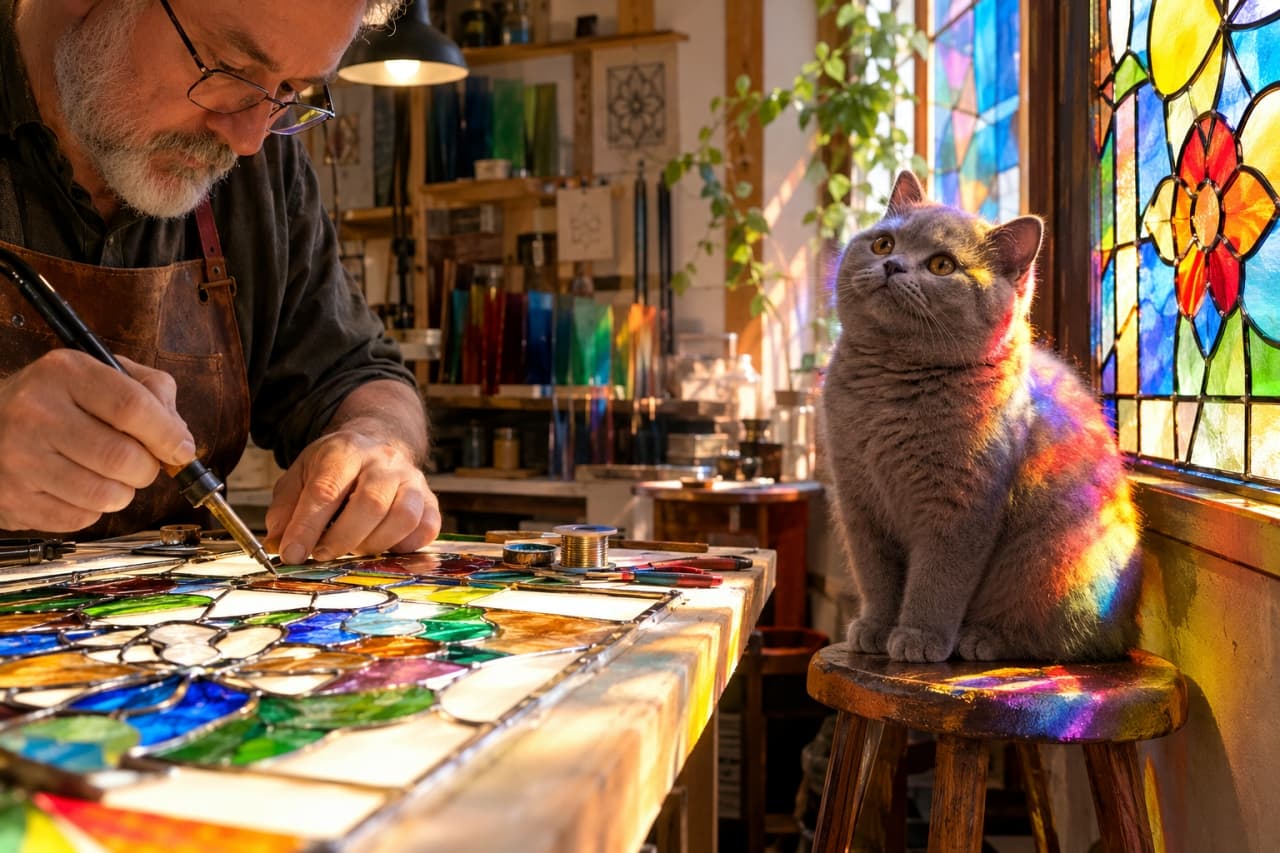 「七色の光のドレスを着せてもらったニャ！🌈✨ステンドグラスの芸術とブリティッシュの気品あふれる一枚🎨」Ultra-realistic high-quality photograph of a chubby British Shorthair cat sitting on a stool, its dense blue fur beautifully illuminated by rainbow-colored light filtering through a stunning stained-glass window. Beside the cat, an artisan uses a soldering iron to craft a stained-glass piece in a sun-drenched workshop. 窓から差し込む陽光が美しいステンドグラスの窓を透過し、工房内に七色の光を落としている。職人がハンダごてでガラスを繋ぎ合わせる横の丸椅子に、ブルーの密生した被毛を持つふくよかなブリティッシュショートヘアがお座りをし、体に虹色の光を浴びながら誇らしげに上を見上げている幻想的な一枚