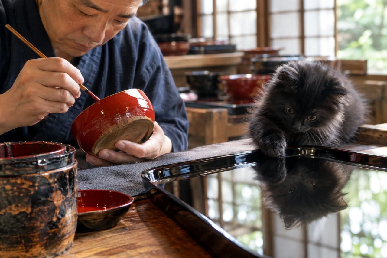 「ツヤツヤのお盆にもう一人の僕がいるにゃ🐾漆塗りの奥深い美しさと黒猫ちゃんの好奇心に釘付け✨」Ultra-realistic high-quality photograph of a fluffy black kitten reaching out to its own reflection on a freshly lacquered, highly reflective black tray, next to a craftsman carefully applying red lacquer to a bowl in a traditional studio. 静寂な工房で赤い漆器に筆を入れる職人の隣で、漆黒の長毛子猫が塗りたての黒いお盆に映る自身の姿を見つめ、そっと前足を伸ばしている。子猫のふわふわの毛並みと、鏡面のように艶やかな漆器の質感の美しい対比が見事な一枚
