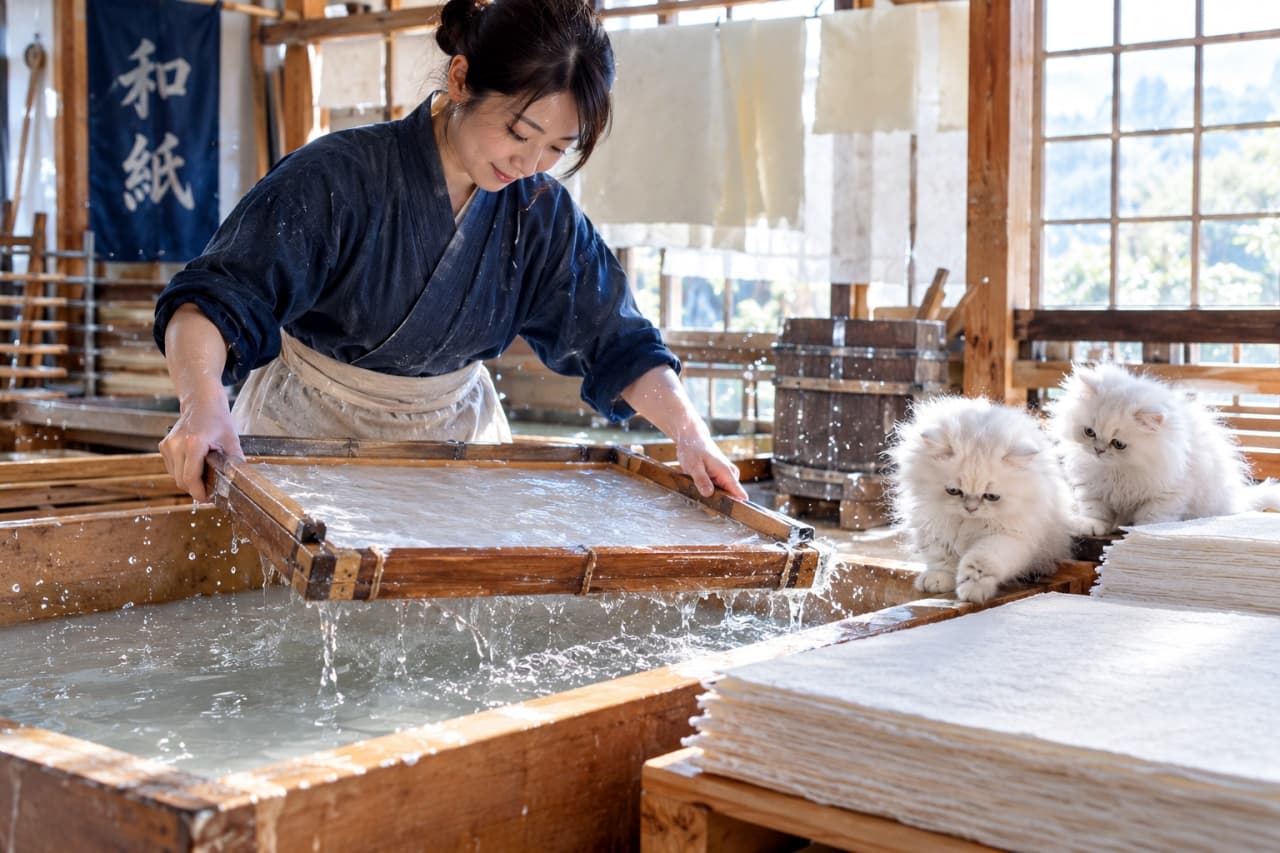 「冷たいお水がパシャパシャ跳ねて面白いニャ💧✨伝統の和紙作りを特等席で見学中の白猫ちゃんたち🐾」Ultra-realistic high-quality photograph of two fluffy white Persian-style kittens curiously reaching out to the splashing water as a smiling female artisan makes traditional Washi paper in a sunlit, wooden workshop. 明るい自然光が差し込む和紙工房で、笑顔で簀桁（すけた）を揺らし和紙を漉く女性職人。飛び散る水しぶきに興味津々な様子で、手前の木枠に身を乗り出し前足を伸ばす、ふわふわの白い被毛を持つペルシャ風の子猫2匹の愛らしい姿