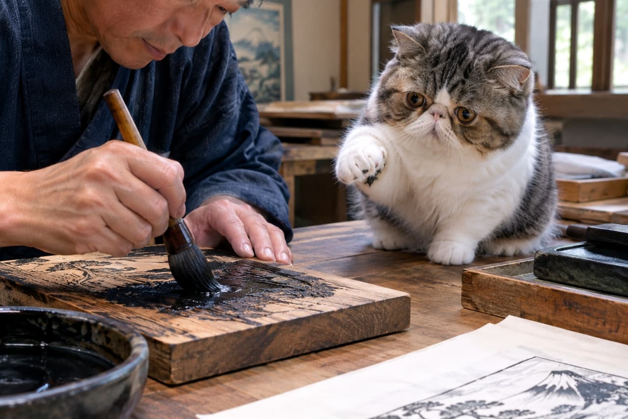 「職人さんの筆さばき、僕もちょっとお手伝いするニャ！🐾ペチャ鼻ちゃんのお茶目なイタズラ心炸裂🎨✨」Ultra-realistic high-quality photograph of a craftsman carefully applying black ink to a woodblock print with a thick brush in a traditional Japanese workshop, while a curious Exotic Shorthair cat with a flat face and large copper eyes reaches out its short paw to touch the wet ink. 和の趣ある工房で、真剣な表情の職人が木版画に太い筆で黒々と墨をのせている。その隣で、特徴的なペチャ鼻と大きな丸い銅色の瞳を持つ白黒のバイカラーのエキゾチックショートヘアが、塗られたばかりの墨に触れようとそっと短い前足を伸ばしている、緊張感とユーモアが交差する瞬間を捉えた高画質写真