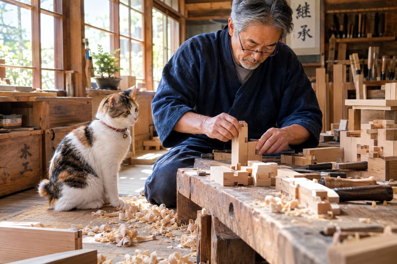 「職人さんの魔法の手元から目が離せないニャ👀✨木のいい香りに包まれた工房の穏やかなひととき🪵」Ultra-realistic high-quality photograph of a senior Japanese Bobtail cat with a red collar sitting attentively next to an elderly woodworker as he carefully assembles wooden joints in a sunlit carpentry workshop, with wood shavings scattered on the floor. 木の温もりあふれる工房で、真剣な表情で木材を組み合わせる熟練の木工職人。その傍らで、赤い首輪をつけた年老いたジャパニーズボブテイルがお座りをして、職人の繊細な手元の動きをじっと見つめている。床には削りたてのカンナ屑が散らばっている