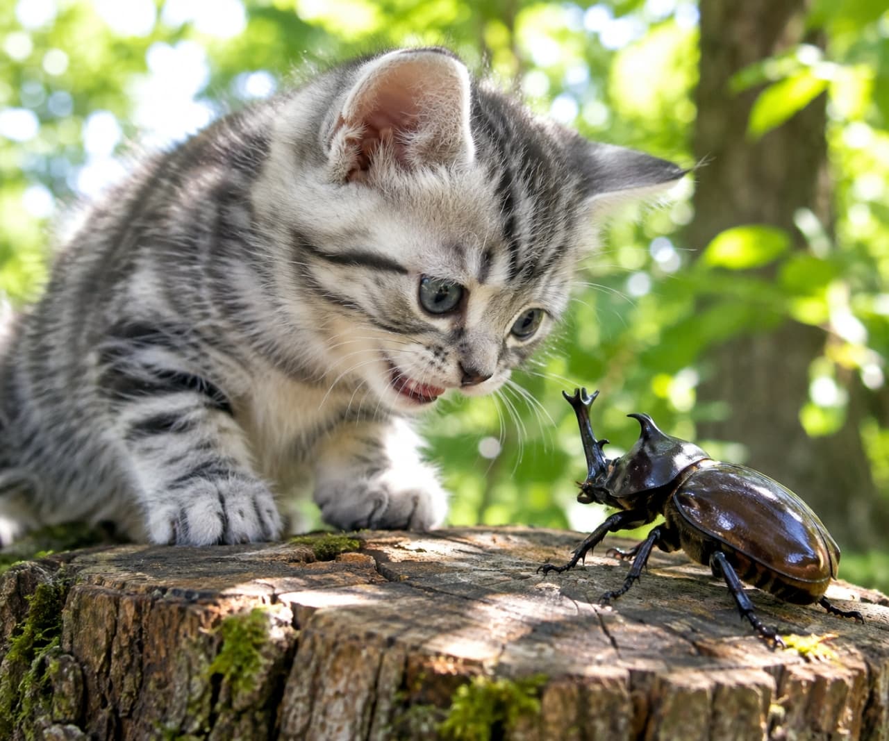 「森の冒険者あらわる！小さなカブトムシと内緒のお話中かな？🌿🐈✨」An ultra-realistic high-quality photograph of a silver tabby American Shorthair kitten sitting on a moss-covered tree stump, mouth agape in surprise at a large rhinoceros beetle. The background is beautifully blurred with vibrant green forest leaves under natural light. 苔むした切り株の上に座るシルバータビーのアメリカンショートヘアの子猫が、目の前の大きなカブトムシ（オス）に対して口を開けて驚きの表情を浮かべている。背景は鮮やかな緑の森の葉が美しくボケ、自然光が当たっている。超リアルな高画質写真