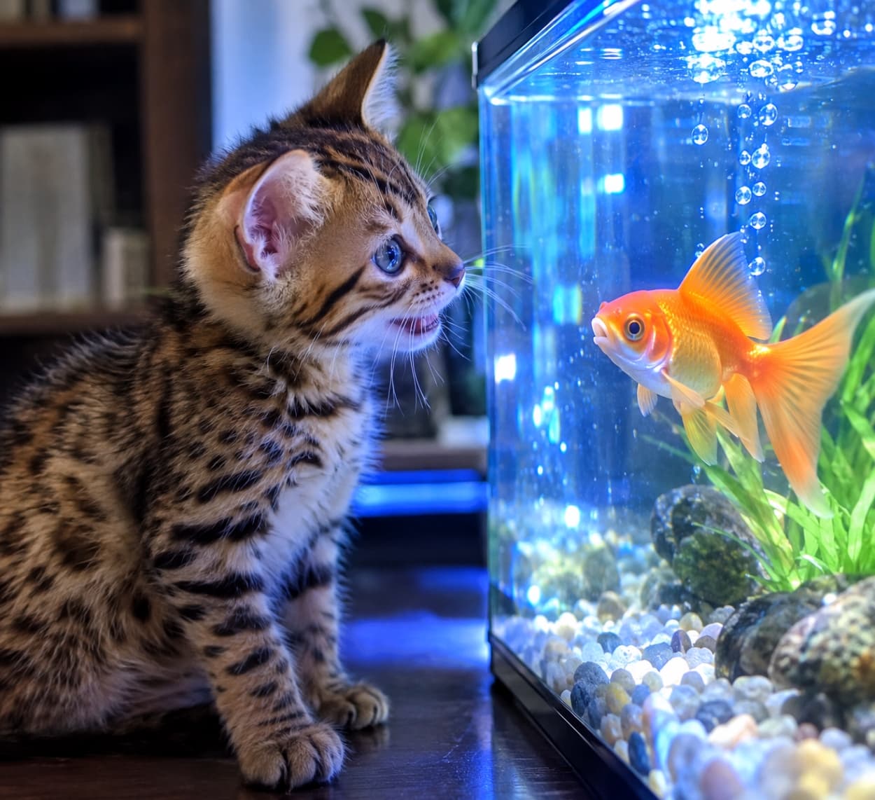 「深海の秘密を共有中？金魚さんとのおしゃべりタイム🐟✨🐈」An ultra-realistic high-quality photograph of a Bengal kitten with vivid rosettes, watching a goldfish in a lit aquarium. The tank has blue LED lights and rising bubbles, with a softly blurred indoor background. 室内で、ロゼット模様が鮮やかなベンガルの子猫が、青いLED光が輝く水槽を真剣に見つめ、口を少し開けている。水槽内では金魚が泳ぎ、泡が昇っている。背景は柔らかい室内のボケ。超リアルな高画質写真
