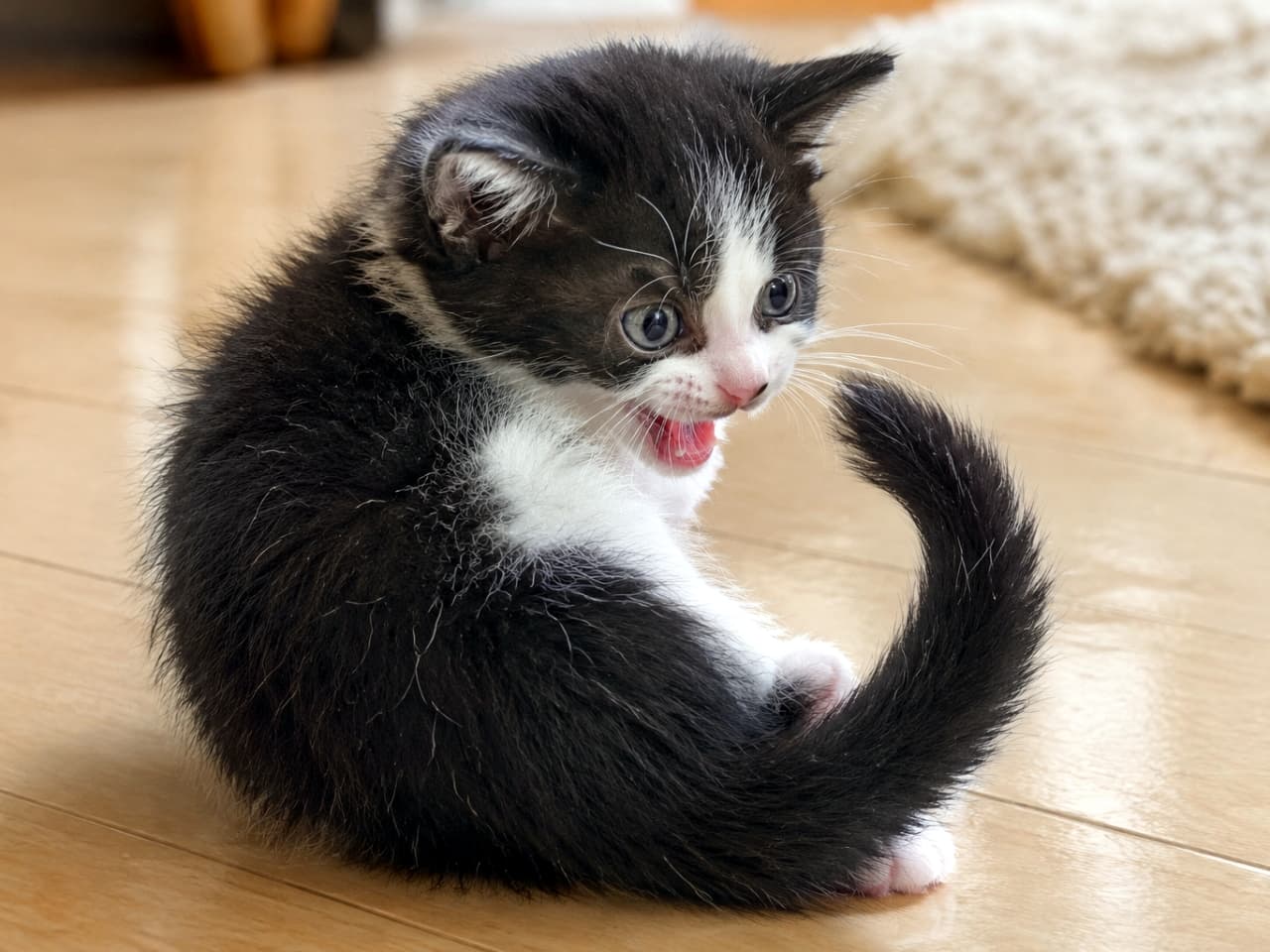 「待て待て〜！自分のしっぽとお話しながらくるりんポーズの白黒子猫ちゃん🌀🐾」An ultra-realistic high-quality photograph of a bicolor black and white kitten sitting on a bright wooden floor, looking back at its own curled black tail. With its mouth wide open, the kitten seems to be enthusiastically talking to its tail, captured in sharp detail with fluffy fur textures. 明るいフローリングの床の上で、白と黒のバイカラー（ハチワレ）の子猫が、くるんと曲がった自分の黒いしっぽを振り返って見つめ、大きく口を開けて話しかけている。子猫のコミカルなポーズと、ふわふわの毛先のディテールまでシャープに捉えられた超リアルな高画質写真