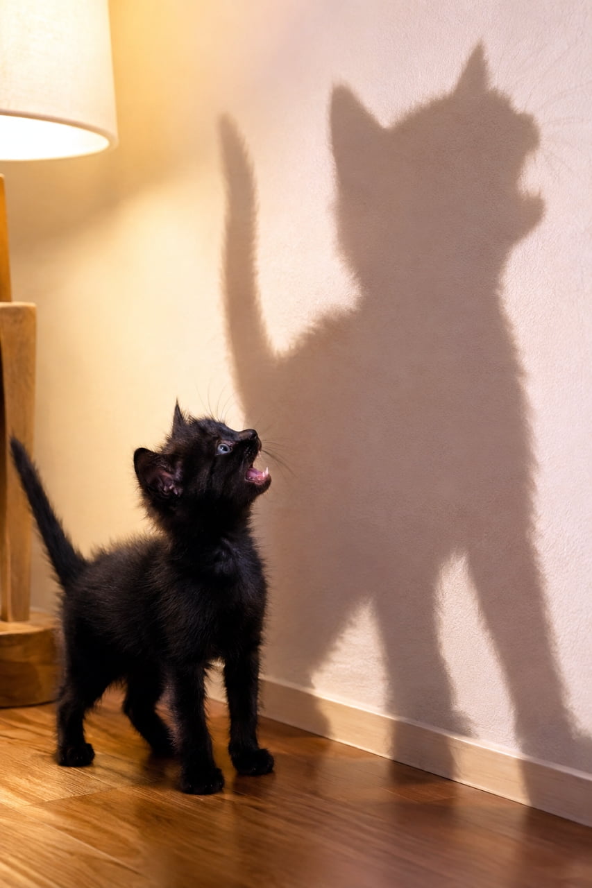 「大きな影のモンスターをやっつけろ！🦇🐾自分の影に果敢に立ち向かう勇敢な黒猫ちゃんにエールを✨」An ultra-realistic high-quality photograph of a black kitten standing on a wooden floor in a warmly lit room, mouth wide open as it bravely talks to or challenges its own giant shadow projected on the wall by a floor lamp. The dramatic contrast of light and shadow perfectly captures its sleek black fur. 暖色のフロアランプが照らすフローリングの部屋で、漆黒の被毛を持つ黒猫の子猫が、壁に大きく投影された自分自身の巨大な影に向かって立ち上がり、口を大きく開けて勇敢に威嚇、あるいは語りかけている。光と影のコントラストが子猫のシルエットと青い瞳をドラマチックに際立たせる超リアルな高画質写真