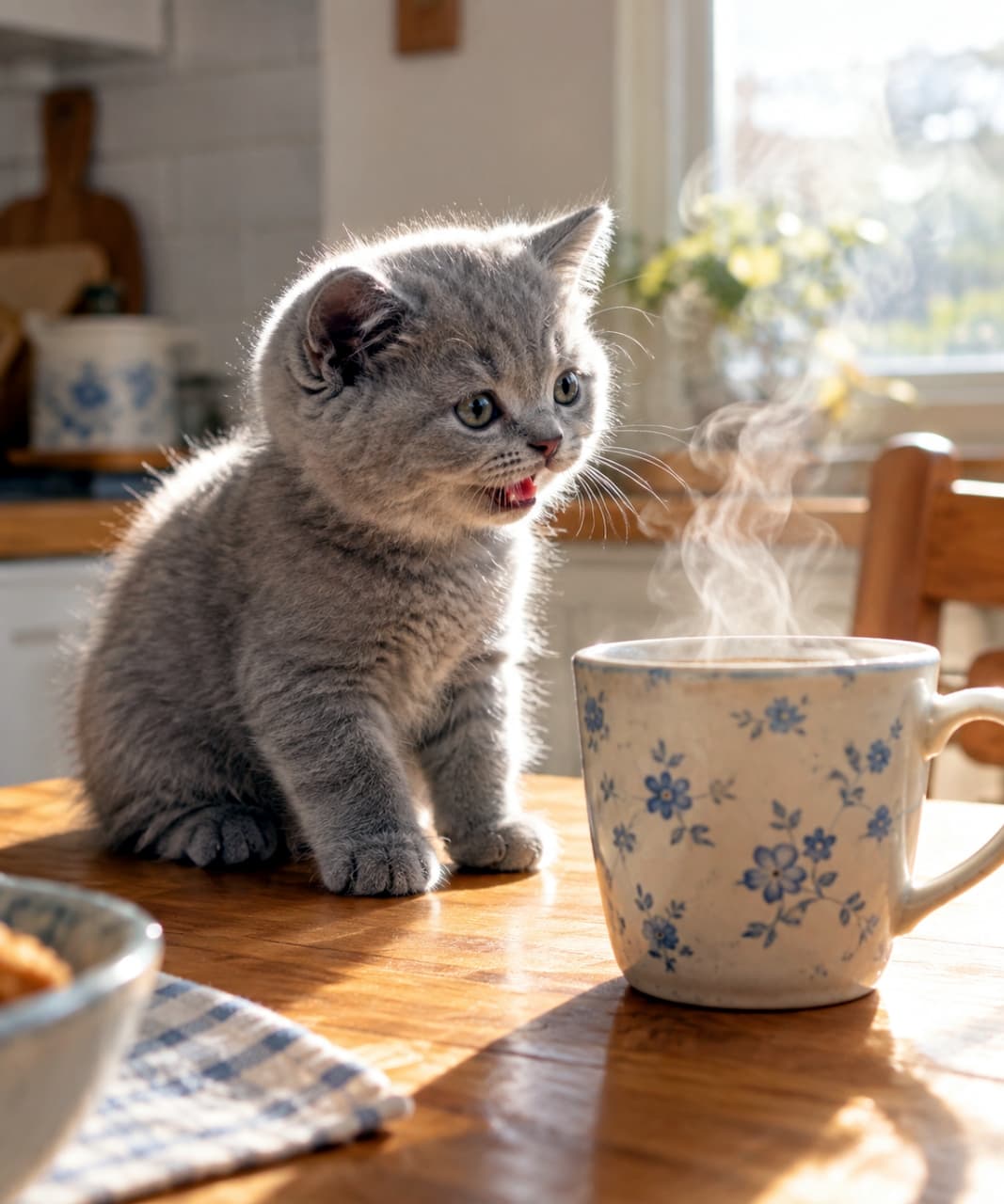 「これなぁに？あたたかい湯気に向かって朝のご挨拶☕️🐈ほっと一息つきたくなる至福のモーニングタイム✨」An ultra-realistic high-quality photograph of a blue British Shorthair kitten on a sunlit dining table, mouth open in surprise at a steaming floral mug. Backlighting creates a beautiful rim light around the kitten's round silhouette and soft fur. 朝日が差し込むダイニングテーブルで、ブルーの被毛を持つブリティッシュショートヘアの子猫が、湯気が立ち上る花柄のマグカップに向かって驚いたように口を開けている。逆光が子猫の丸みを帯びたシルエットと柔らかな毛先を美しく縁取る、超リアルで温かみのある高画質写真