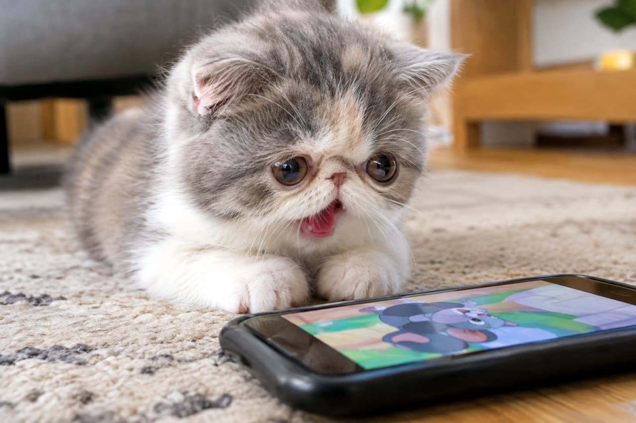 「ネズミさん捕まえられるかな？📱🐈スマホのアニメに全集中するエキゾチックショートヘアちゃんにほっこり✨」An ultra-realistic high-quality photograph of a blue and white Exotic Shorthair kitten with a flat face and large round eyes, lying on a rug and staring intently with an open mouth at a smartphone screen playing a cartoon mouse animation. 室内用ラグの上に腹ばいになり、短い鼻と大きな丸い瞳が特徴的なブルー＆ホワイトのエキゾチックショートヘアの子猫が、床に置かれたスマートフォンの画面で再生されているアニメーション（ネズミのキャラクター）を食い入るように見つめ、小さく口を開けている超リアルな高画質写真