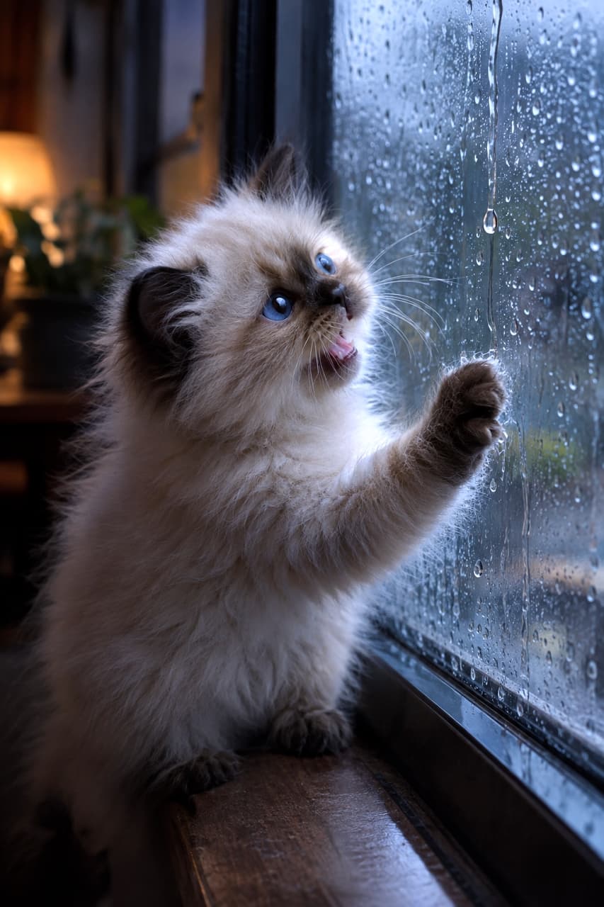 「雨粒さん、一緒にお話しよ？☔️🐾不思議そうに見つめる青い瞳の奥に広がる小さな世界に惹き込まれるね✨」An ultra-realistic high-quality photograph of a Himalayan kitten standing by a window on a rainy day, reaching a paw toward raindrops on the glass with its mouth open. Its sapphire blue eyes and the moody, bluish light create a mystical atmosphere. 薄暗い雨の日の室内で、ヒマラヤンの子猫が窓枠に立ち上がり、ガラスをつたう雨粒に前足を伸ばして口を開けている。吸い込まれるようなサファイアブルーの瞳と、窓越しの青みがかった光が神秘的な雰囲気を醸し出す超リアルな高画質写真