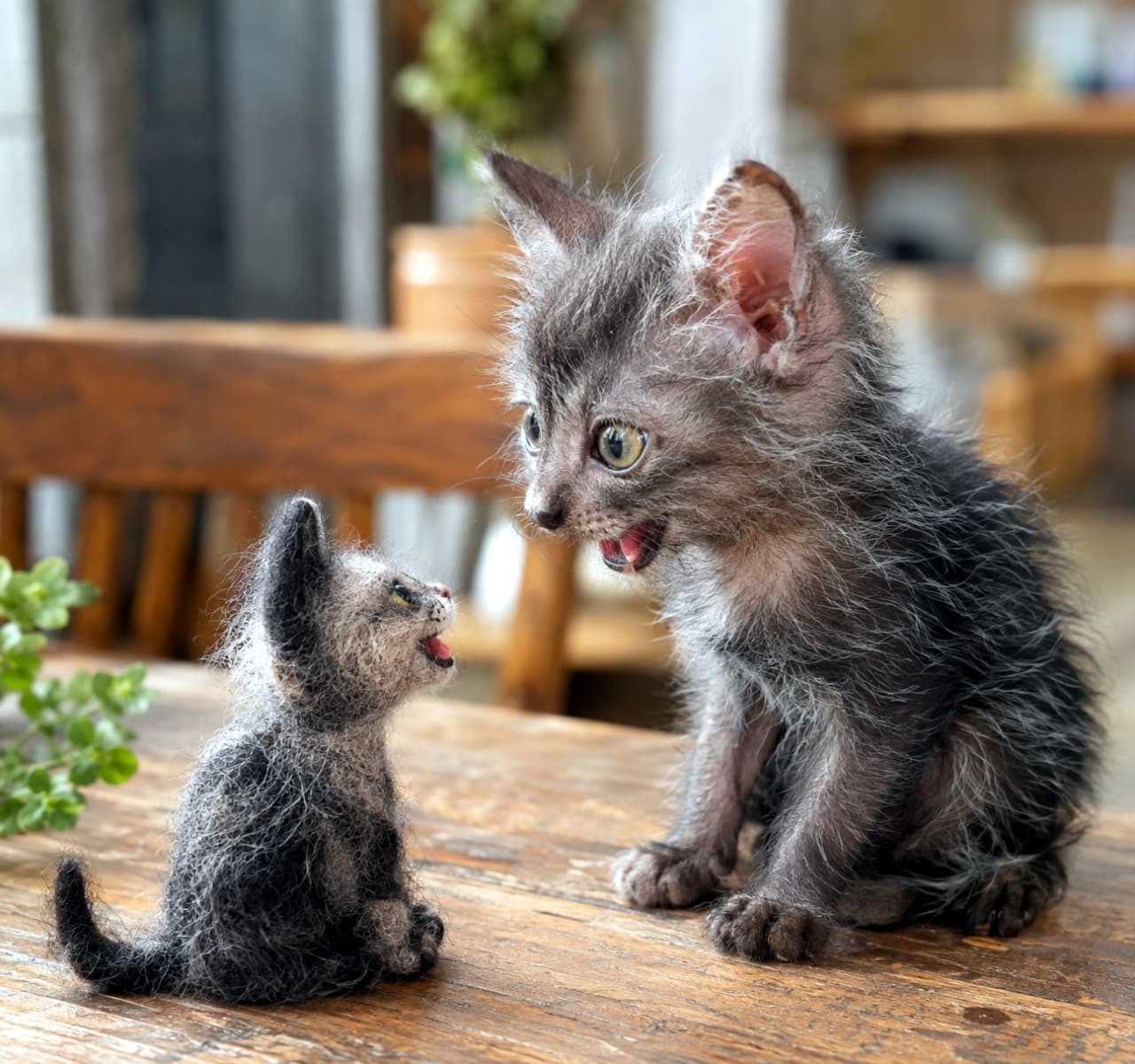 「これって僕のミニチュア版！？🧶🐈自分そっくりのフェルト人形に一生懸命話しかける個性派ライコイちゃん✨」An ultra-realistic high-quality photograph of a Lykoi (werewolf cat) kitten with its unique sparse roan coat, sitting on a rustic wooden table. The kitten has its mouth wide open, enthusiastically talking to a miniature needle-felted cat that looks exactly like it. 木の温もりを感じるアンティーク調のテーブルで、狼男のような独特のまばらな被毛を持つライコイ（ワーウルフキャット）の子猫が、自分そっくりに作られた小さな羊毛フェルトの猫人形と向かい合い、元気よく口を開けておしゃべりしている。個性的でワイルドな外見とは裏腹な無邪気な表情が愛らしい、超リアルな高画質写真