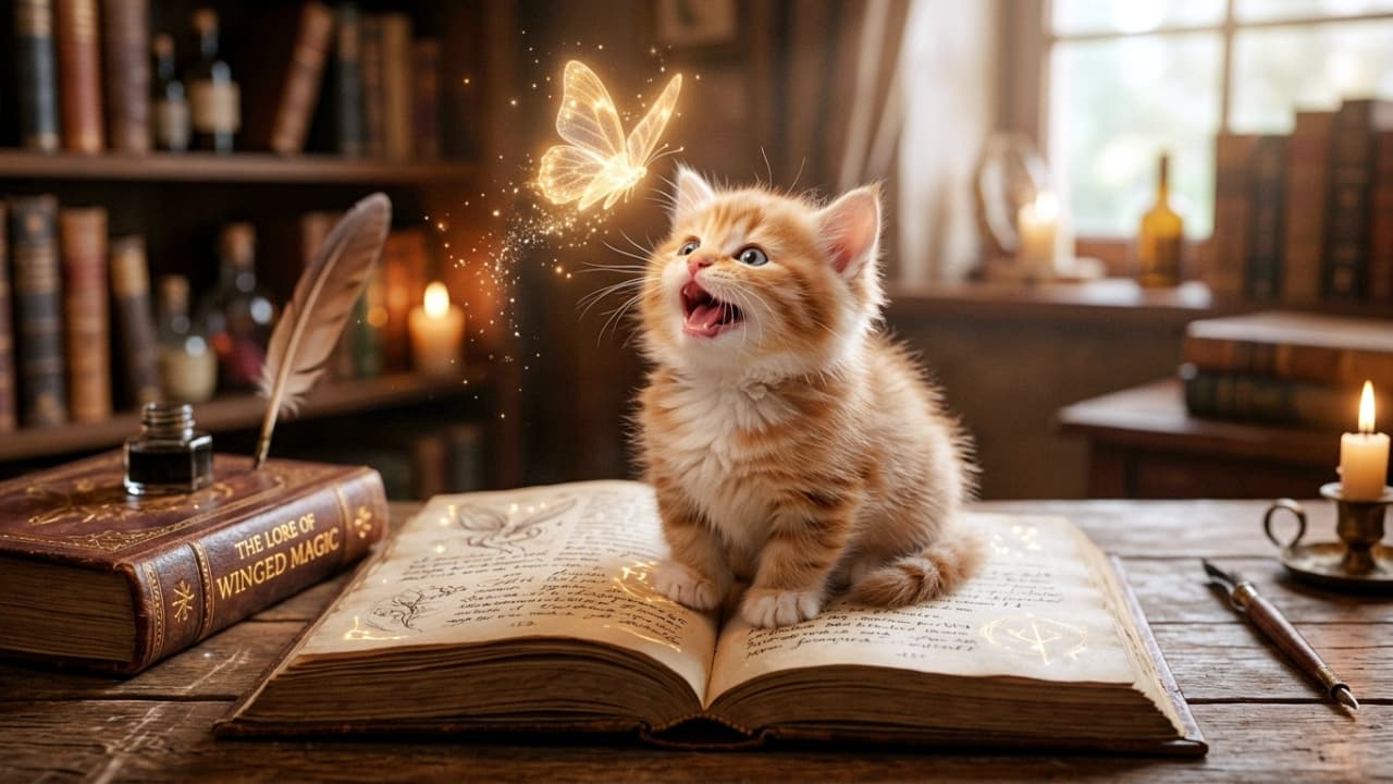 「魔法の書を開いたら、光る蝶々とおしゃべりスタート！小さな大冒険の始まりにワクワクしますね🐾✨ #猫 #マンチ子猫 #ファンタジー #魔法の世界」Ultra-realistic high-quality photograph of an adorable 6-week-old fluffy orange tabby Munchkin kitten sitting on an open magical book on a wooden desk. The short-legged kitten looks up with its mouth wide open, enthusiastically interacting with a glowing, semi-transparent golden butterfly fluttering above its nose. Warm cinematic lighting, detailed fur, a leather-bound book labeled \"THE LORE OF WINGED MAGIC\", inkwell, feather quill, and candlelit background create a magical, heartwarming atmosphere. アンティークな木製デスクの上で開かれた大きな魔法の書の上に座る、生後6週ほどの短い足とフワフワした茶トラ毛並みのマンチカンの子猫の写真。子猫はお口を大きく開けて嬉しそうに声を上げながら、鼻先で黄金色に半透明で光り輝く蝶を見上げている。左側には「THE LORE OF WINGED MAGIC」と書かれた本と羽ペン、インク瓶が置かれ、右側にはキャンドルの温かい光が灯り、背景の書棚とともに幻想的で映画のような情景を作り出している