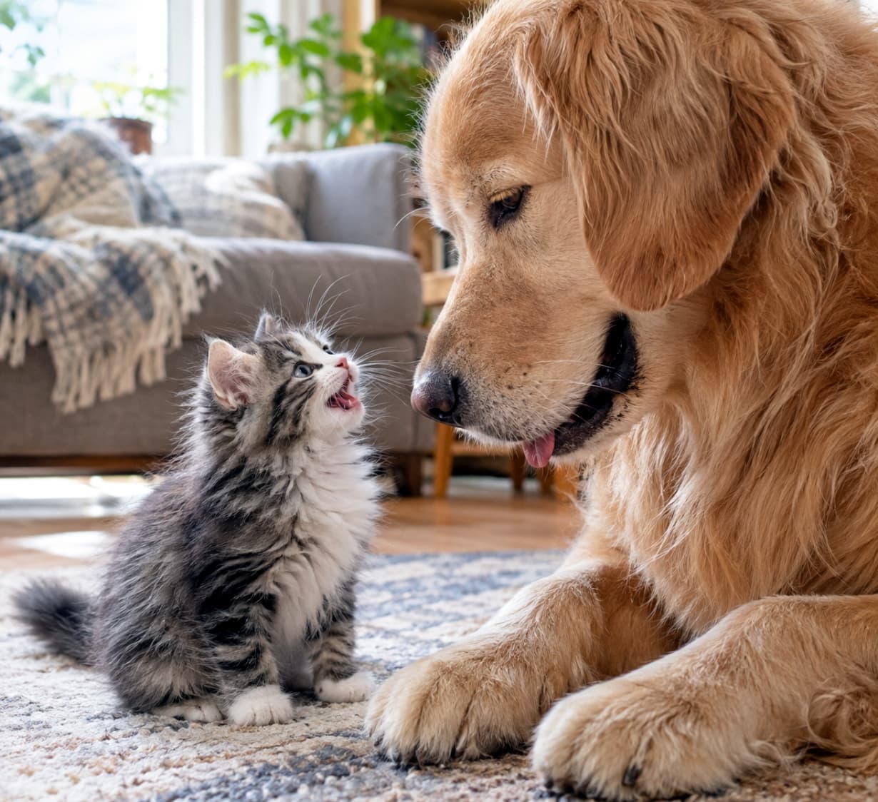 「大きなお友達にナイショのお話中🐕🐈一生懸命背伸びして伝える姿から目が離せない愛おしい時間✨」An ultra-realistic high-quality photograph of a Norwegian Forest Cat kitten sitting on a living room rug, looking up and talking eagerly to a large Golden Retriever. Warm natural light perfectly highlights the kitten's soft fur and the dog's gentle expression. 暖かい自然光が差し込むリビングのラグの上で、キジ白のノルウェージャンフォレストキャットの子猫が大きなゴールデンレトリバーの顔を見上げ、小さな口を大きく開けて一生懸命に話しかけている。子猫のふわふわの毛並みと犬の優しい眼差しが対照的な、温かい雰囲気に包まれた超リアルな高画質写真