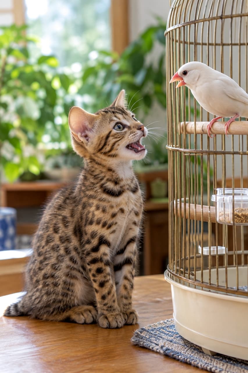 「小鳥さんと何をお話ししてるのかな？🕊️🐈スポット模様がかっこいいオシキャットちゃんの不思議な日常✨」An ultra-realistic high-quality photograph of an Ocicat kitten with distinct spots sitting on a wooden table, looking up with its mouth open at a white bird on a cage. However, there is a clear AI generation error where the birdcage bars are fused with the bird, making it look like the bird is phasing through the metal. 木のテーブルの上に座り、見事なスポット模様を持つオシキャットの子猫が、目の前の鳥かごにいる白い小鳥（文鳥）を見上げて口を開けている。明るい室内の観葉植物を背景にした超リアルな高画質写真だが、鳥かごの金網の描写が破綻しており、小鳥がかごの金属を突き抜けて外にいるように見える状態