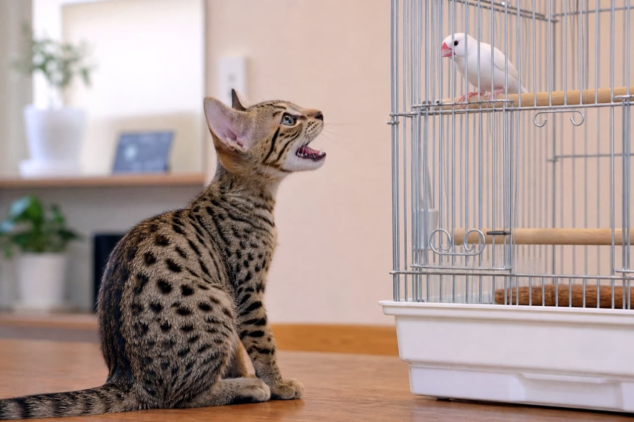 「白い小鳥さん、こんにちは！🕊️🐈綺麗な鳥かごの前でご挨拶するオシキャットちゃん✨」An ultra-realistic high-quality photograph of an Ocicat kitten with distinct wild spots sitting neatly on a wooden table. It looks up with an open mouth at a white bird resting properly inside a white metal birdcage. The cage bars are flawlessly rendered, and the blurred indoor plants add a beautiful depth to the scene. 木のテーブルの上にきちんと座り、野生的なスポット模様が特徴のオシキャットの子猫が、目の前にある白い鳥かごの中にいる白い文鳥を見上げ、口を少し開けて語りかけている。鳥かごの金属の網目が破綻なく正確に描写され、室内の観葉植物のボケ味が美しい超リアルな高画質写真