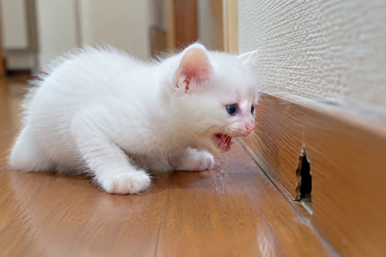 「壁の向こうに誰かいるの？🐭✨小さな穴に夢中な真っ白な子猫ちゃんの探究心にエールを送りたい🐈」An ultra-realistic high-quality photograph of a pure white kitten with blue eyes crouching on a wooden floor, eagerly looking into a small jagged hole in the baseboard. Its soft, fluffy fur and open mouth showing intense curiosity are beautifully lit by bright indoor natural light. フローリングの床に伏せながら、壁の幅木に空いた小さな不規則な穴を真剣な青い瞳で覗き込む、純白の被毛を持つ子猫。ふんわりとした柔らかい毛並みと、少し開いた口から伝わる好奇心が、室内の明るい自然光に照らし出された超リアルな高画質写真