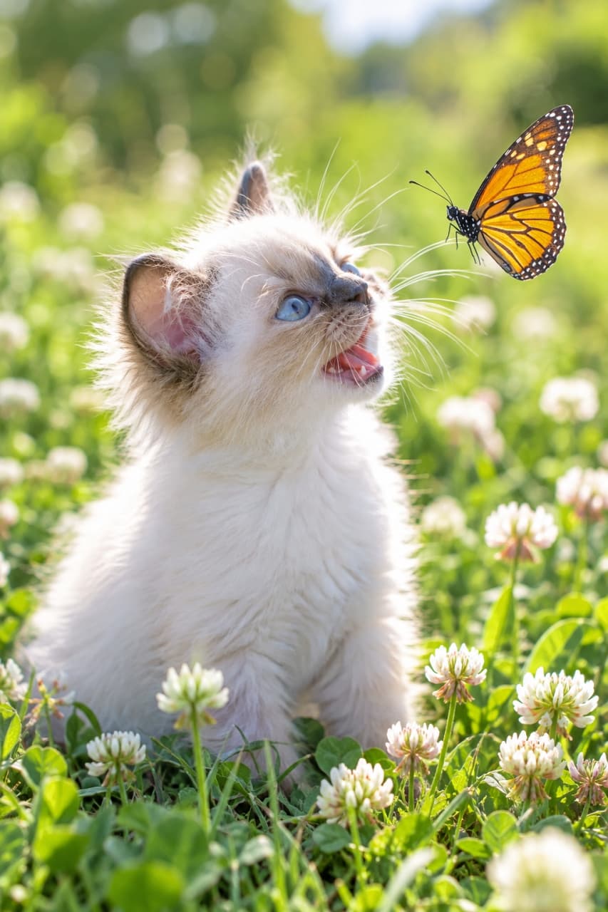 「魔法の瞬間！クローバーの野原で蝶々と出会っちゃった🐈🦋🌿」An ultra-realistic high-quality photograph of a seal point Ragdoll kitten in a field of blooming white clover, looking with blue eyes and mouth agape at a flying Monarch butterfly. Backlit natural light illuminates its fur, with a soft-focus background of greenery. シロツメクサが咲き誇るクローバーの野原で、シールポイントのラグドールの子猫が、目の前を羽ばたくオオカバマダラの蝶を青い目で見つめ、口を開けて驚いている。逆光の自然光が毛並みを美しく輝かせ、背景は柔らかくボケている。超リアルな高画質写真