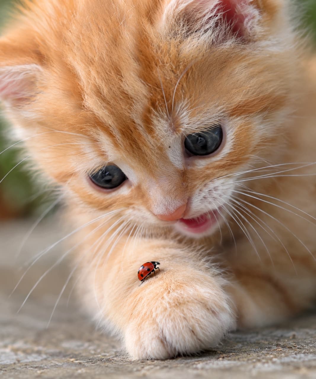 「手のひらサイズの小さなお客様🐞🐾てんとう虫さんと内緒のお話をする茶トラちゃんに癒されるひととき✨」An ultra-realistic high-quality macro photograph of a fluffy red tabby kitten looking closely at a small red ladybug resting on its front paw. With its mouth slightly open as if talking, the kitten's round eyes and every single whisker are sharply focused against a softly blurred, warm outdoor background. 屋外の自然な光の下、ふわふわの被毛を持つ茶トラの子猫が、自分のふっくらとした右前足に止まった小さな赤いてんとう虫を至近距離で見つめ、小さく口を開けて語りかけている。マクロレンズで捉えたような浅い被写界深度で、子猫のまん丸な瞳やヒゲの1本1本まで鮮明に描写された、温かみのある超リアルな高画質写真