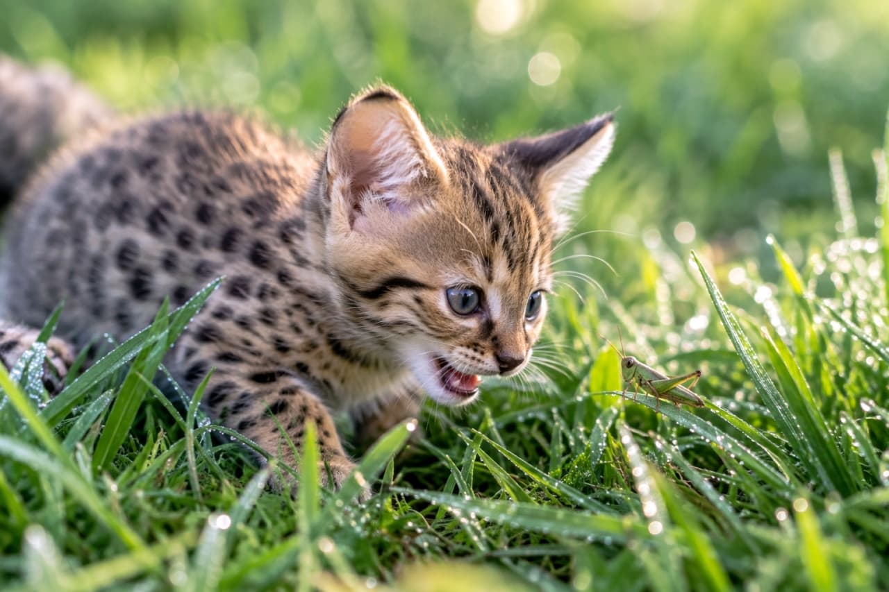 「バッタさん、おはよう！🌿🐈朝露が光る草むらでの小さな出会いに癒されるね✨」An ultra-realistic high-quality photograph of a Savannah kitten with wild spots and large ears in a grassy field sparkling with morning dew. The kitten is getting close to a green grasshopper resting on a blade of grass, mouth wide open as if talking to it, beautifully capturing natural vitality and curiosity. 朝の光が差し込み、朝露がキラキラと光る緑の草むらで、野生的なスポット模様と大きな耳を持つサバンナキャットの子猫が、葉っぱに止まった緑色のバッタに至近距離で顔を近づけ、口を大きく開けて話しかけている。自然の生命力と子猫の好奇心が伝わる、超リアルな高画質写真
