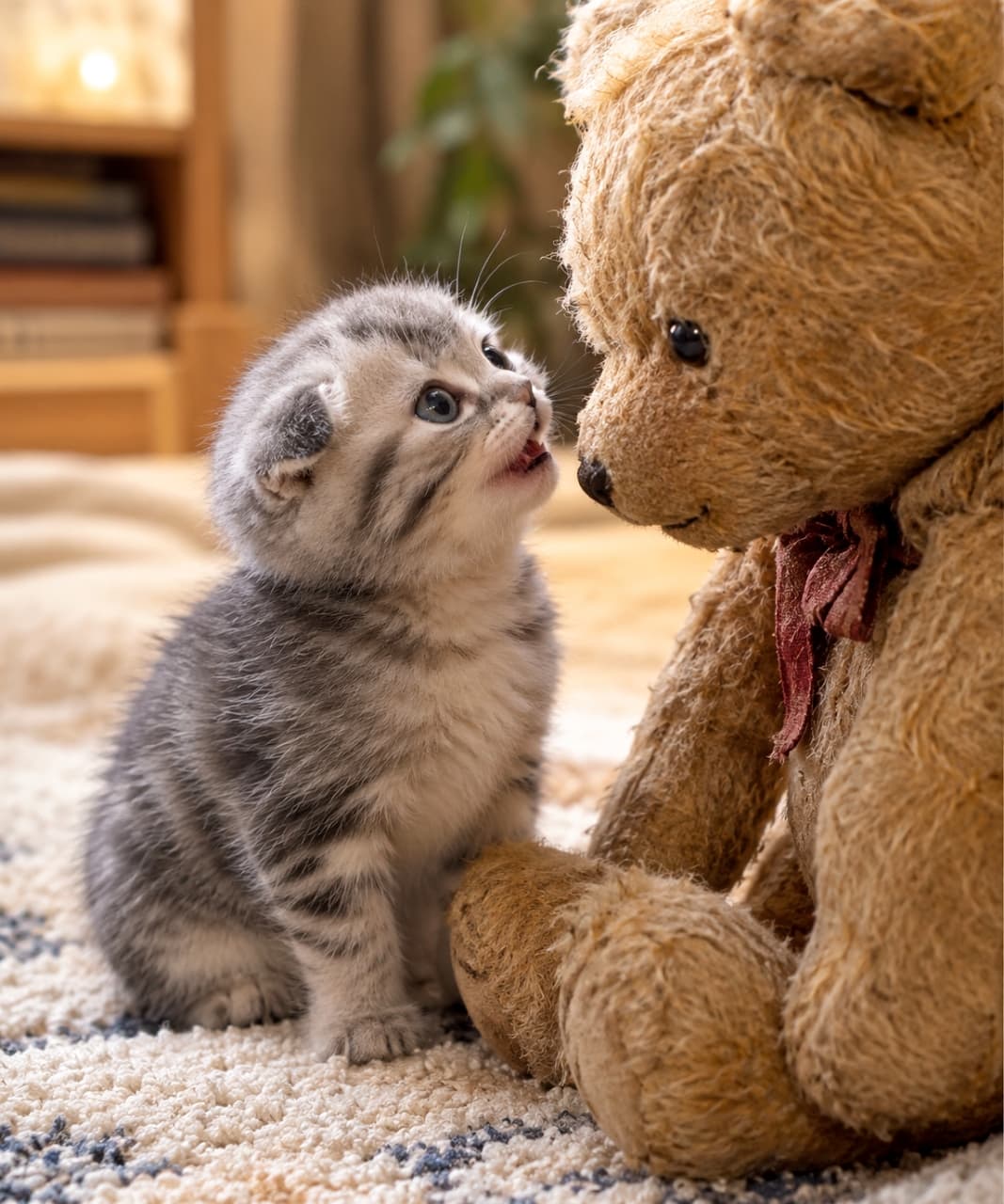 「くまさんと内緒の作戦会議？夜のお話タイムは終わらない🐈✨🧸」An ultra-realistic high-quality photograph of a silver tabby Scottish Fold kitten with folded ears sitting on an indoor carpet, mouth open and talking to a large, old teddy bear. The textures of the bear and the kitten's fur are highly realistic, with a blurred indoor background of a bookshelf and soft lighting. 暖かい光が差し込む室内で、カーペットの上に座るシルバータビーのスコティッシュフォールド（垂れ耳）の子猫が、大きな古いテディベアと向かい合い、口を開けて話しかけている。テディベアの質感と子猫の毛並みがリアルに表現され、背景は本棚などがボケている。超リアルな高画質写真