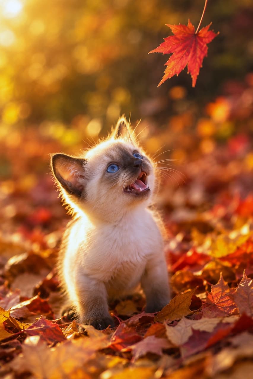 「落ち葉をつかまえられるかな？🍁✨夕日と紅葉の魔法にかけられたシャム猫ちゃんの秋の冒険🐈🌇」An ultra-realistic high-quality photograph of a Siamese kitten in an autumn forest bathed in golden sunset light. The kitten looks up with its mouth open at a single red maple leaf fluttering down in front of it. Surrounded by colorful fallen leaves, the backlight beautifully rim-lights the kitten in this magical scene. 黄金色に輝く夕陽に照らされた秋の森で、シャムの子猫が、目の前にヒラヒラと舞い落ちてくる一枚の真っ赤なもみじの葉を見上げて口を開けている。足元には色とりどりの落ち葉が敷き詰められ、逆光が子猫の輪郭を美しく縁取る、幻想的で超リアルな高画質写真