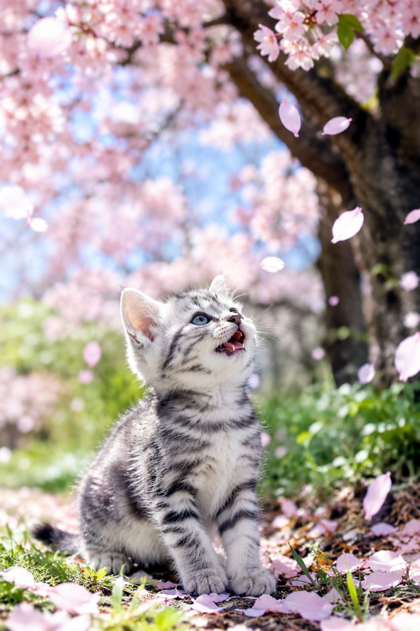 「ひらひら舞う桜の花びら、つかまえられるかな？🌸🐾春の陽射しと元気な子猫に心温まるね✨」An ultra-realistic high-quality photograph of a beautifully striped silver tabby kitten sitting under a blooming cherry tree. With bright blue eyes, the kitten looks up with an open mouth at the pink cherry blossom petals fluttering down in the wind. Soft spring sunlight illuminates this hopeful and breathtaking scene. 満開の桜の木の下で、鮮やかな縞模様が美しいシルバータビーの子猫が、青い瞳を輝かせ、風に舞い散るピンク色の桜の花びらを見上げて小さく口を開けている。柔らかな春の陽射しが子猫の毛並みを照らし、地面にも花びらが敷き詰められた、希望に満ちた超リアルな高画質写真