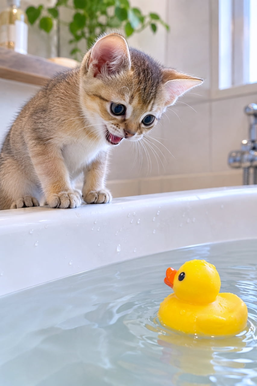 「お風呂に黄色いお友達を発見！🛁🐥アヒル隊長に元気にご挨拶するシンガプーラちゃんから目が離せないね✨」An ultra-realistic high-quality photograph of a Singapura kitten leaning over the edge of a white bathtub, mouth wide open as it talks to a yellow rubber duck floating in the water. Natural light beautifully illuminates its large almond-shaped eyes and sepia ticked coat in a bright, clean bathroom. 清潔感のある明るいバスルームで、世界最小の猫種シンガプーラの子猫が、お湯の張られた白いバスタブの縁から身を乗り出し、浮かんでいる黄色いアヒルのおもちゃに大きく口を開けて話しかけている。大きなアーモンド型の瞳とセピアカラーの細かいティッキング被毛が、自然光に美しく照らされる超リアルな高画質写真