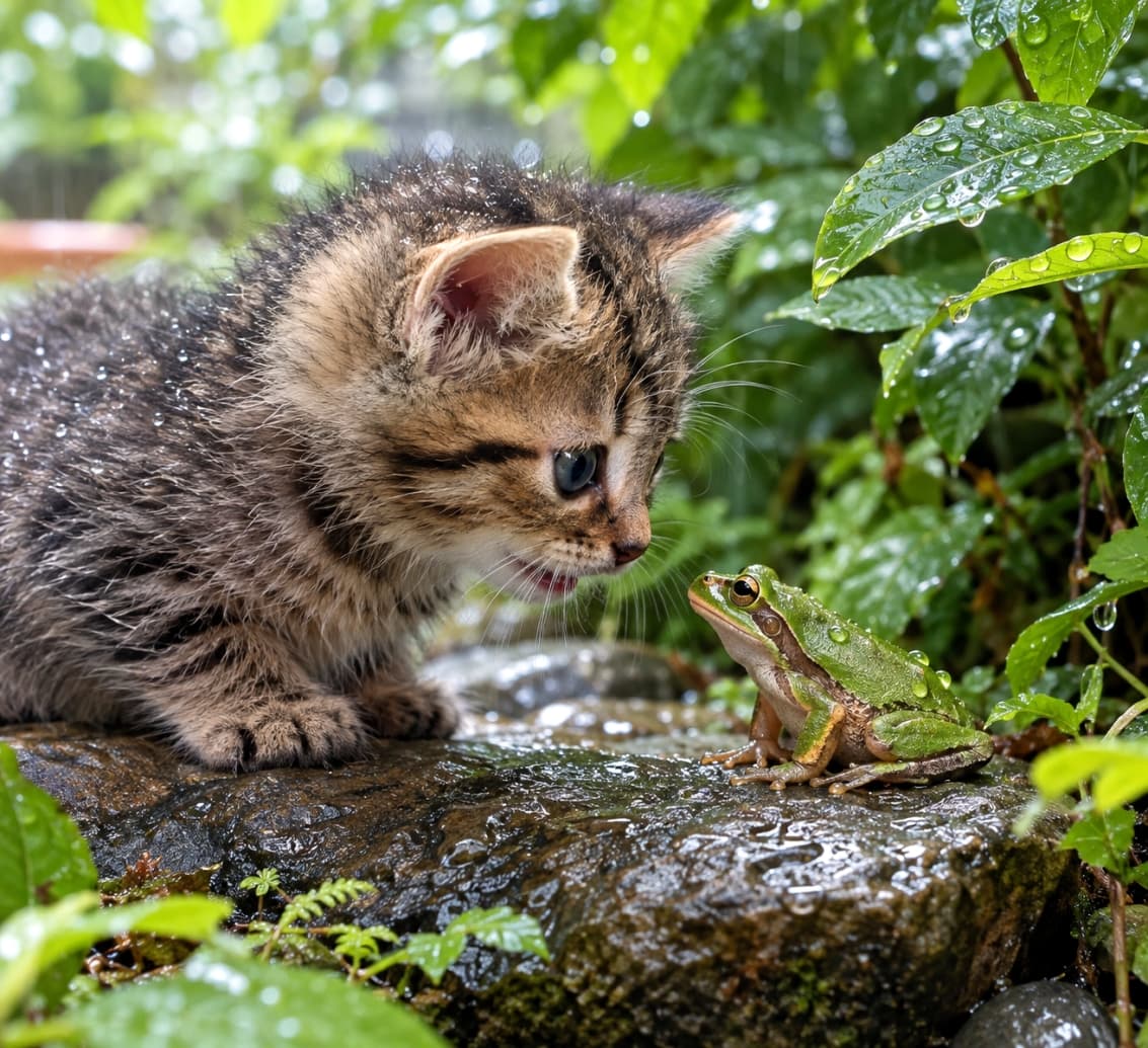 「雨の日の小さな出会い🐸✨キジトラちゃんとカエルさん、どんな秘密のお話をしているのかな？☔️🐈」An ultra-realistic high-quality photograph of a tabby kitten and a green tree frog staring at each other closely on a wet rock in a rainy garden. Tiny water droplets glisten on the kitten's fur, and its mouth is slightly open in curiosity. The lush green leaves, mossy rock, and raindrops create a serene and natural atmosphere. 雨降る緑豊かな庭先の濡れた岩の上で、キジトラの子猫が小さなアマガエルと至近距離で見つめ合っている。子猫の毛先には水滴が光り、興味津々に口を半開きにしている。鮮やかな緑の葉と苔むした岩、雨粒の冷たさと自然の息吹を感じさせる、しっとりとした雰囲気の超リアルな高画質写真