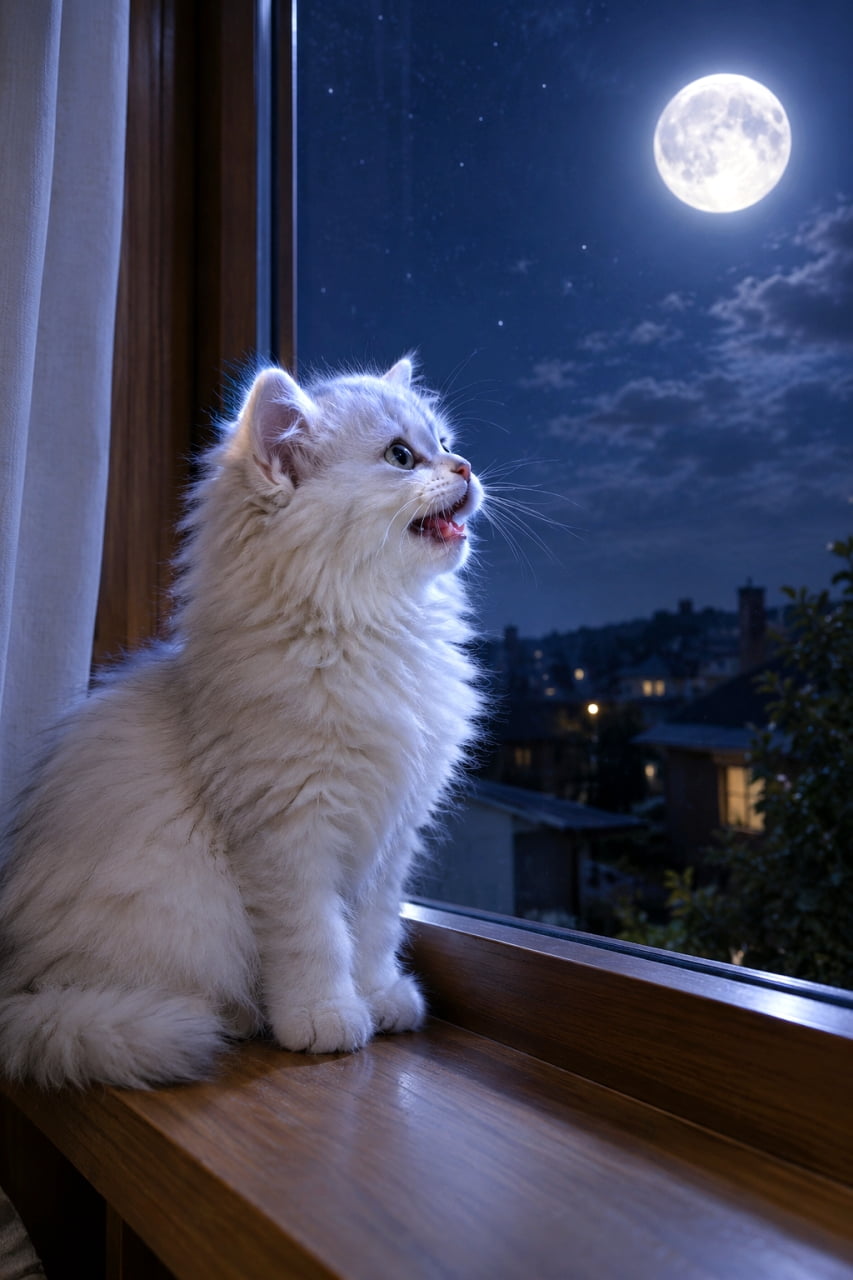 「お月様、こんばんは🌕✨窓辺で夜空に話しかける真っ白なペルシャ子猫ちゃんとの静かな夜ふかし🐈🌃」An ultra-realistic high-quality photograph of a fluffy white Persian kitten sitting by a wooden windowsill at night, looking up with its mouth slightly open at a bright full moon outside. The bluish moonlight mystically illuminates its pure white fur, with a blurred background of a starry sky and distant city lights. 静かな夜、木製の窓辺にお座りするペルシャの白い子猫が、窓の外に浮かぶ明るい満月を見上げて小さく口を開けている。青みがかった月光がふわふわの真っ白な被毛を神秘的に照らし出し、背景には星空と遠くの街の灯りがボケて見える、幻想的で超リアルな高画質写真