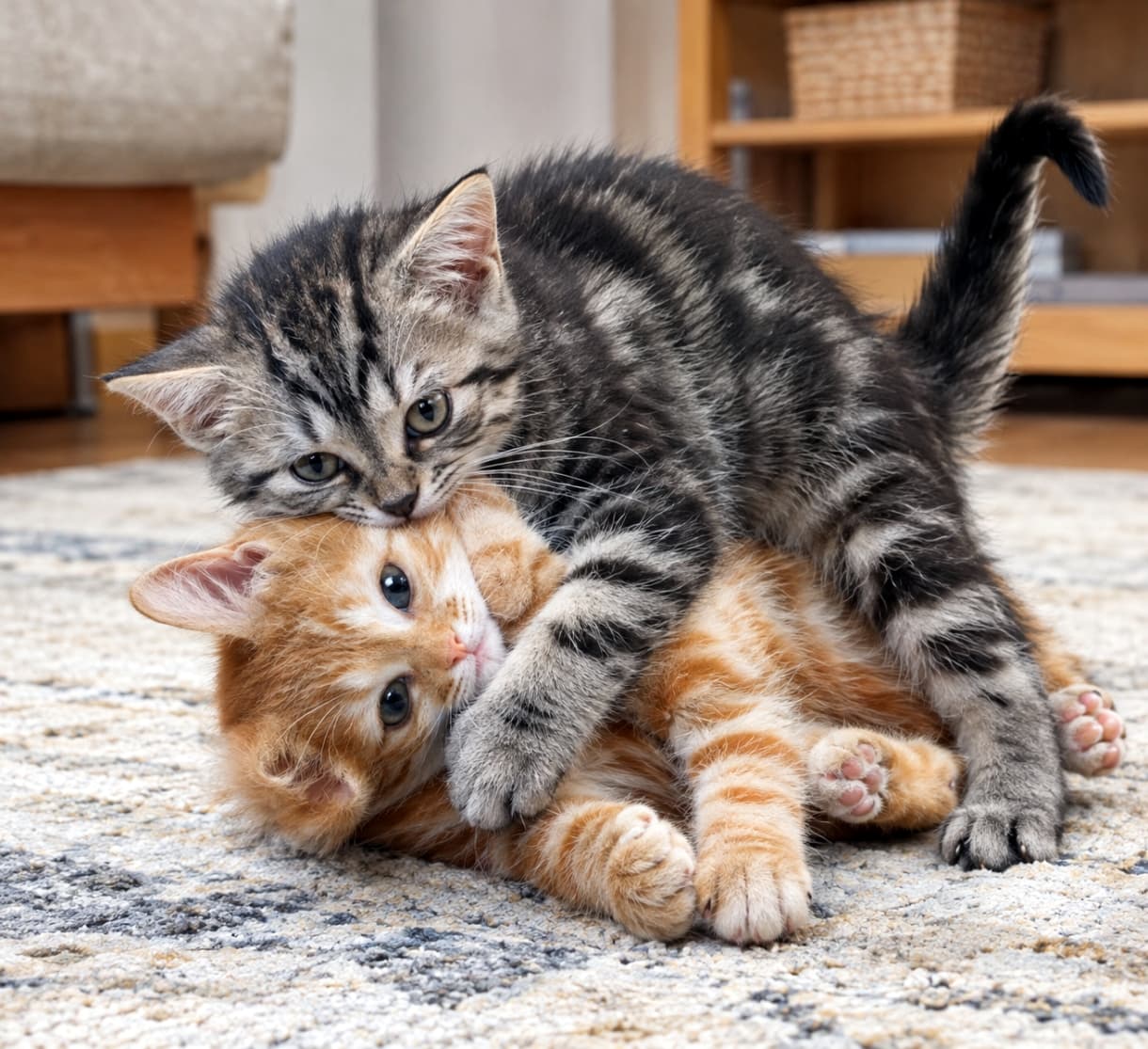 「朝から子猫たちの白熱プロレス開幕ニャ!無敵の可愛さにノックアウトされたら「いいね」で教えてね🐾⚡️」Ultra-realistic high-quality photograph of two 8-week-old kittens, a silver classic tabby American Shorthair and an orange red-tabby, play-wrestling on a cozy living room rug. The American Shorthair gently mounts and play-bites the scruff of the relaxed orange tabby showing pink paw pads under bright, soft indoor lighting with a warm softly blurred background. 落ち着いた柄の室内ラグの上で、生後8週ほどのシルバータビーのアメリカンショートヘアの子猫と鮮やかな茶トラ(レッドタビー)の子猫が楽しそうに取っ組み合って遊んでいる情景。上に乗ったアメショちゃんが下の茶トラちゃんの首元を優しく甘噛みし、下の茶トラちゃんはピンクの肉球と澄んだ瞳を見せてリラックスした表情を浮かべている。柔らかな室内光が2匹のフワフワな毛並みを際立たせ、背景の木製インテリアが温かみを添える超リアルで高精細な描写
