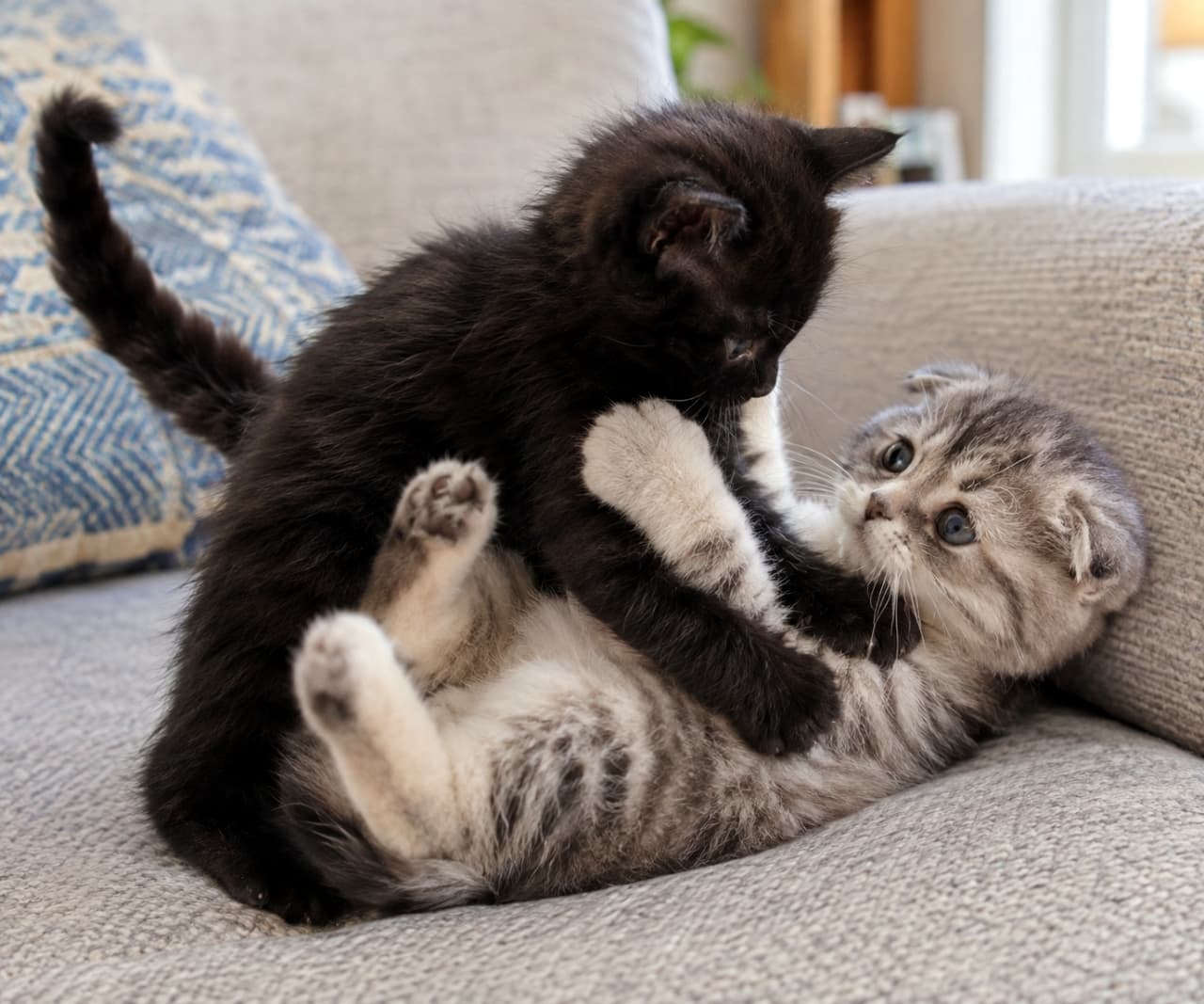 「ソファの上で白熱のニャンコプロレス開幕ニャ!仲良し子猫たちのキュートな攻防にキュンとしたら「いいね」してね🐾💥」Ultra-realistic high-quality photograph of a fluffy black kitten and a silver tabby Scottish Fold kitten with folded ears playfully wrestling on a cozy gray fabric sofa. The Scottish Fold lies on its back in a playful defensive guard with hind legs raised, making direct eye contact with the black kitten under soft, bright natural indoor lighting with a decorative cushion in the background. 温かみのある明るいリビングのグレーのファブリックソファの上で、全身フワフワな被毛の黒猫の子猫と、特徴的な折れ耳を持つシルバータビー(サバトラ)のスコティッシュフォールドの子猫が楽しそうに取っ組み合って戯れている情景。仰向けになったスコティッシュフォールドちゃんが前脚と持ち上げた後ろ脚で防衛姿勢をとりながら、上から覆いかぶさる黒猫ちゃんと澄んだ瞳で互いに見つめ合っている。背景のクッションや柔らかな自然光が居心地の良い空間を演出する、超リアルで高精細な描写