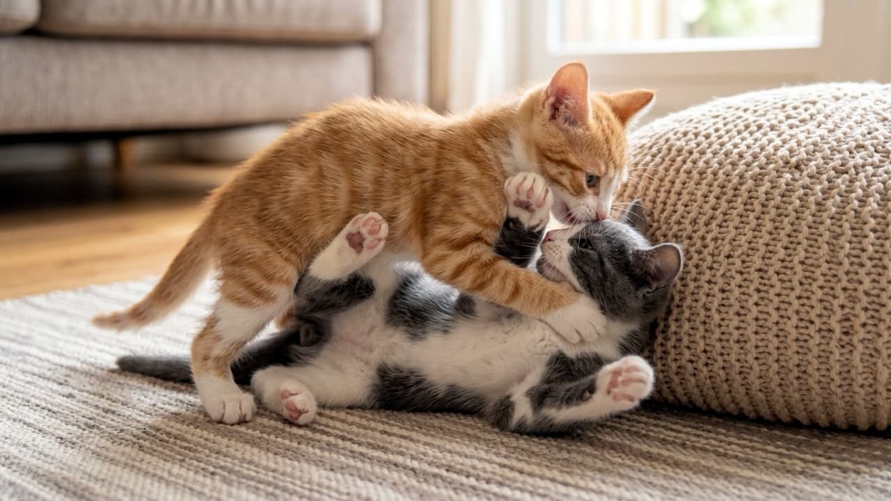 「🐾「とりゃー!」白熱のちびっこプロレス開幕🐈💥 必死に抵抗するお腹と短い足がたまらないですよね🥺 応援したくなる方はぜひ「いいね」を👇✨ #子猫 #猫のいる暮らし #にゃんすたぐらむ」Ultra-realistic high-quality photograph of two distinctly different kittens play-wrestling on a textured rug bathed in soft natural window light. An energetic orange-and-white tabby kitten straddles and gently mouths a twisting gray-and-white kitten lying on its back. The image features perfect feline anatomy with clearly separated limbs, fluffy fur details, and a chunky knit round cushion in the foreground. 窓からの柔らかな自然光が差し込むリビングのラグの上で、白熱のプロレスごっこを繰り広げる2匹の子猫。上からマウントを取る活発な茶白(オレンジタビー&ホワイト)の子猫が、仰向けで身をよじる灰白(グレー&ホワイト)の子猫の首元を優しく甘噛みしています。手前に置かれたざっくりと編まれた丸いクッションの温かな質感や、子猫たちのモフモフとした被毛、そして複雑に交差する四肢が一切の破綻なく完全に分離して描かれた、極めてリアルで高画質な写真