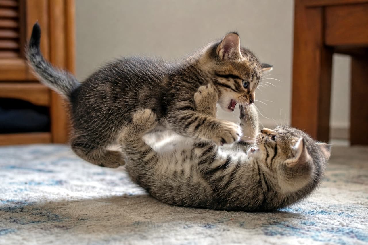 「宙を舞う大ジャンプ!🐈💨 キジトラ子猫たちの白熱のプロレスごっこが開幕です🔥 どっちも負けるな〜!😻 #猫のいる暮らし #子猫 #キジトラ #猫好きさんと繋がりたい #子猫の日常 #子猫のいる暮らし」Ultra-realistic high-quality photograph of two brown tabby kittens engaged in a dynamic wrestling takedown on a light blue patterned carpet. The pouncing kitten on the left leaps through the air with an open mouth, while the lower kitten lies on its back, actively pushing upward with its paws to defend. Natural lighting, distinctly separated limbs, photorealistic fur textures, and blurred wooden furniture in the background. 淡いブルーの模様が入った絨毯の上で、2匹のキジトラ(ブラウンタビー)の子猫がダイナミックにじゃれ合う高画質写真。左側の子猫は宙を舞うように飛びかかりながら口を大きく開け、仰向けになった右側の子猫は前足と後ろ足で力強く応戦している。美しい被毛の質感、交差する視線、8本の足がはっきりと分かれた躍動感あふれるポーズ、そして背景の木製家具が自然な光の中で鮮明に描写されている