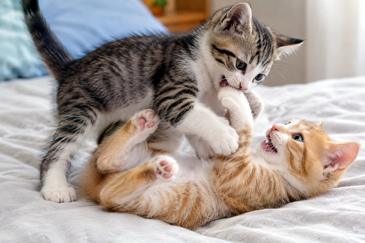 「お昼寝前の大運動会!噛んで噛まれて、二人で大はしゃぎ🐈💖 #猫 #子猫 #猫のいる暮らし #じゃれ合い #癒やし #猫好きさんと繋がりたい #子猫の日常 #子猫のいる暮らし」An ultra-realistic high-quality photograph of two playful kittens on a soft gray bed. A silver tabby and white kitten stands over a red tabby and white kitten, gently mouthing its right foreleg. The red tabby kitten lies on its back with all four paws up, looking back with a wide-open playful expression. Soft natural light from the side highlights the detailed fur textures, with a blue pillow, wooden frame, and plants blurred in the background. グレーと白のシルバーキジトラの子猫が、ベッドの上で仰向けになった茶トラ白の子猫に覆いかぶさり、その右前脚を優しく噛んでいます。仰向けの子猫は口を大きく開けて遊びに興奮しています。柔らかいグレーのシーツ、奥に見える青い枕と木製のベッドフレームが自然光に照らされ、2匹の柔らかな被毛の質感と、仰向けの子猫のピンクの肉球が鮮明に写っています